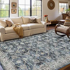 GarveeHome Vintage Rug 3x5 Floral Print Area Rug for Living Room Washable Non Slip Farmhouse Distressed Indoor Carpet Foldable Low Pile Soft Accent Throw Rug for Bedroom Home Nursery, Blue