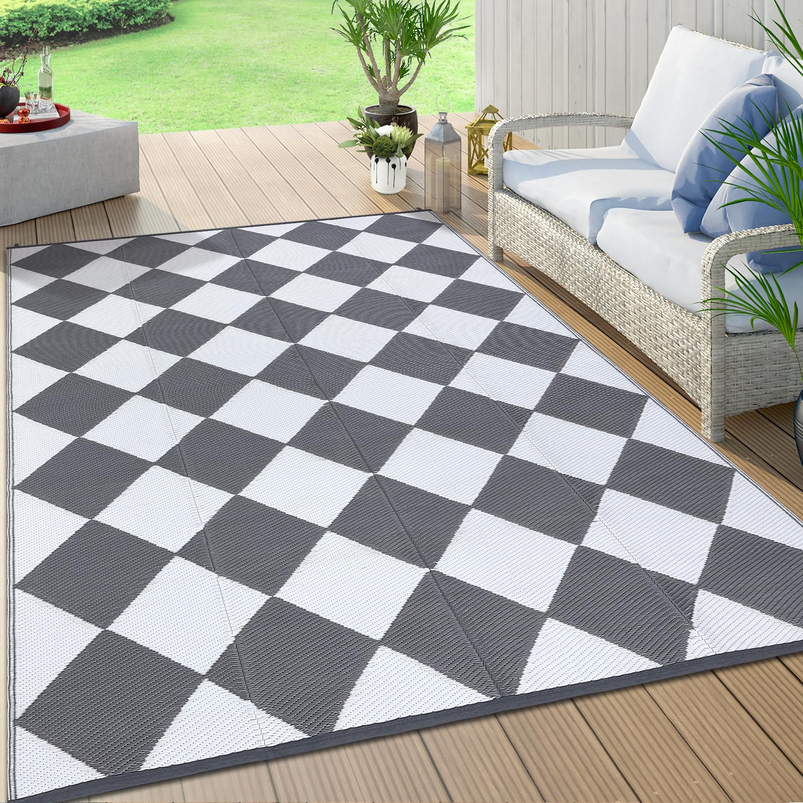 GlowSol Outdoor Rug 8x10 Waterproof Outdoor Plastic Straw Rug for Camping with Carry Bag, Reversible Easy Cleaning Checkered Floor Mat Outside Carpet