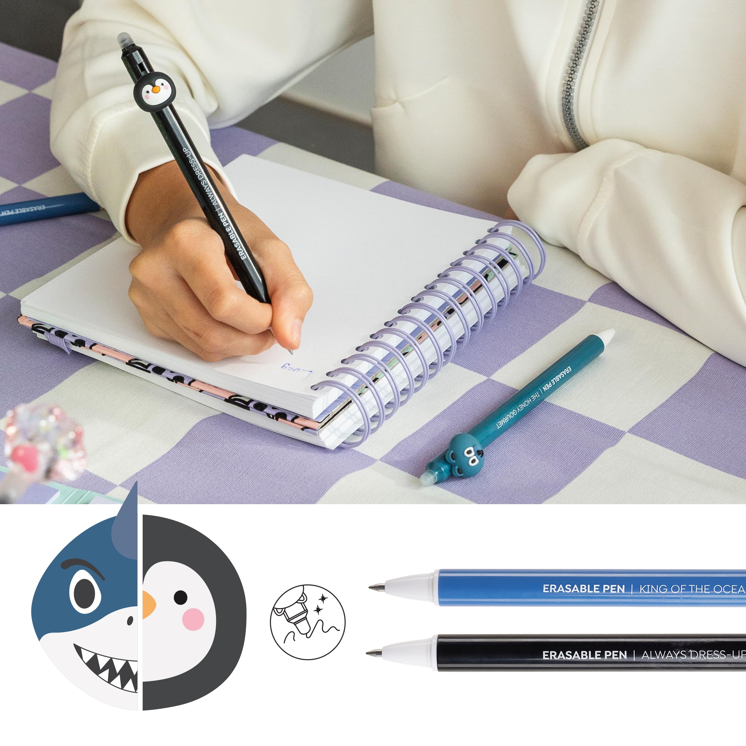 Stylo Effaçable à Friction Neutre, Recharge Facile, Cristal, Bleu, Noir