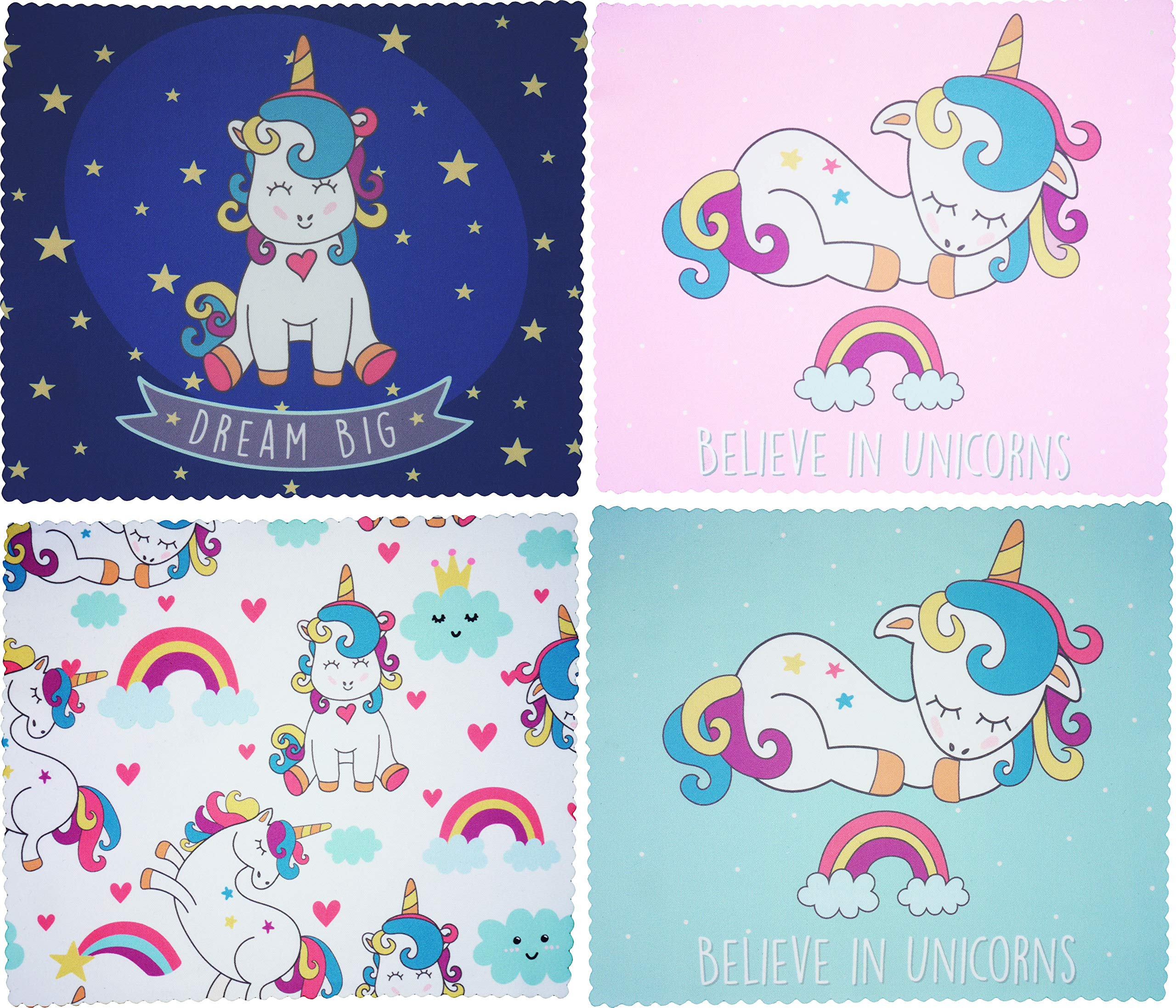 Super Cute Rainbow Unicorn Ultrafine Microfibre Spectacle Wipe Glass Phone Screen Tablet Lens Cleaning Cloths 18cm x 15cm – (4 Pack Bundle)