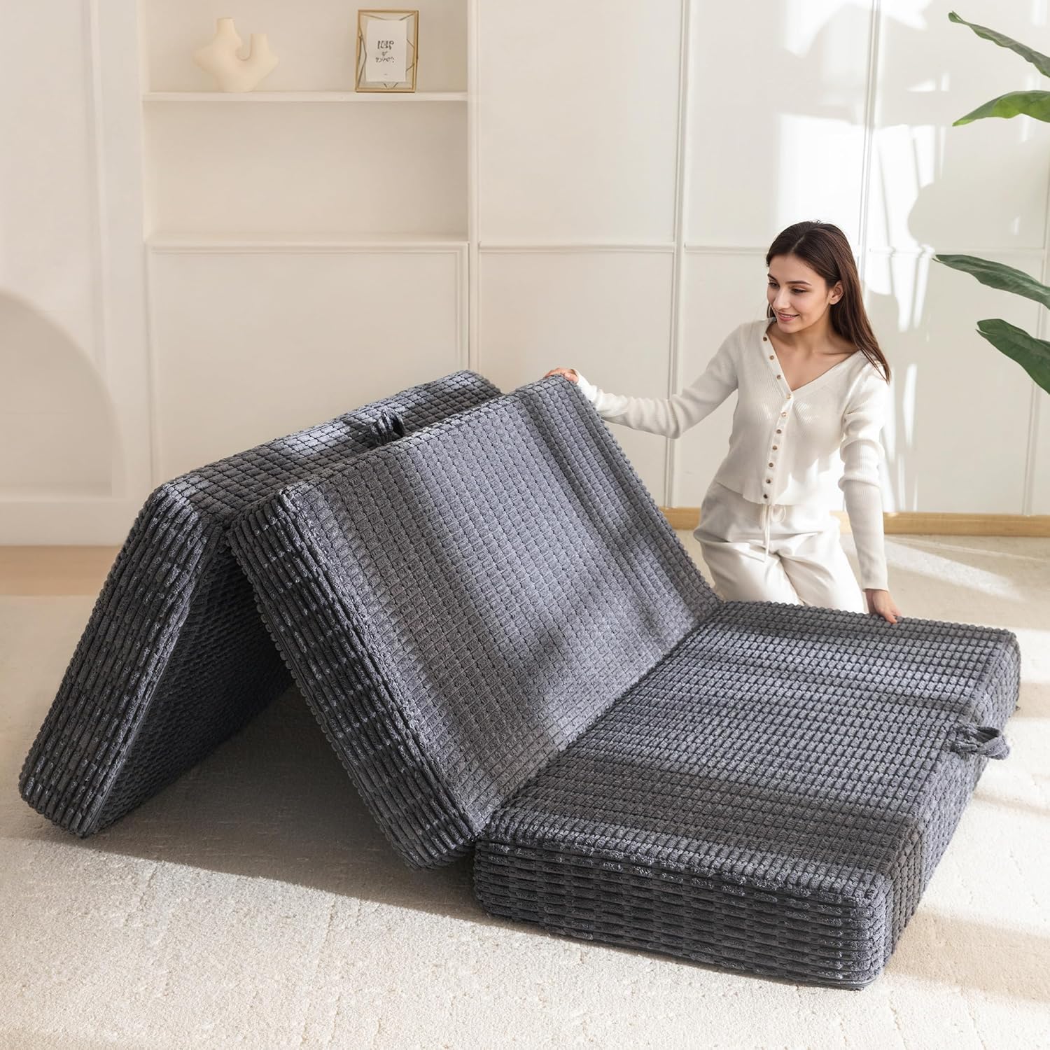 BYBYME Memory Foam Tri-Folding Mattress, 6 Inch Gel Folding Mattress Topper, Foldable Soft Guest Bed Camping Pad, with Washable Cover