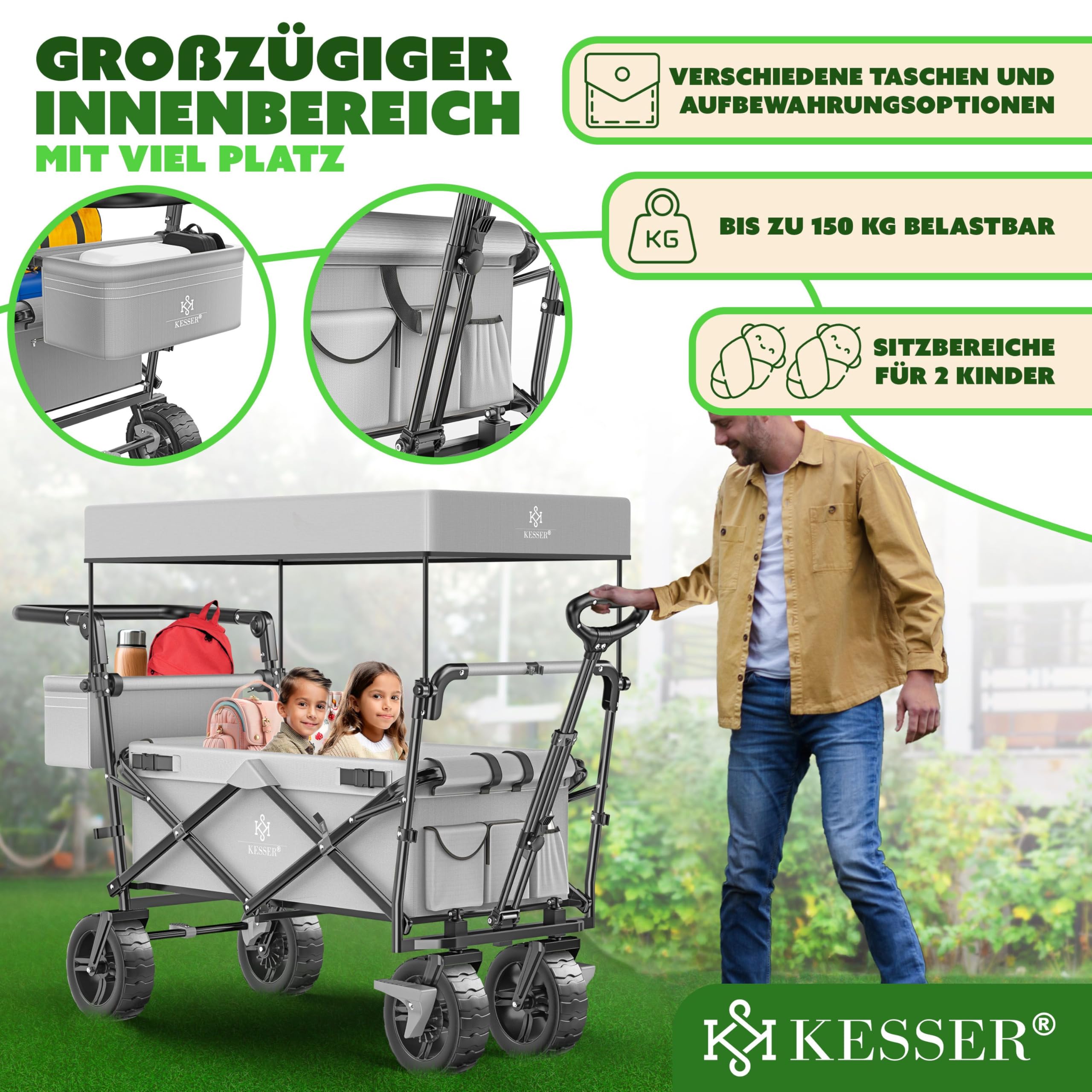 KESSER® Bollerwagen faltbar GT9000 Handwagen mit Dach | Transportwagen max. belastbar bis 150kg mit Hartgummi-Räder & Feststellbremsen (Vorne & Hinten) | Inkl. Schloss, Abdeckung, Wetter & Sichtschutz