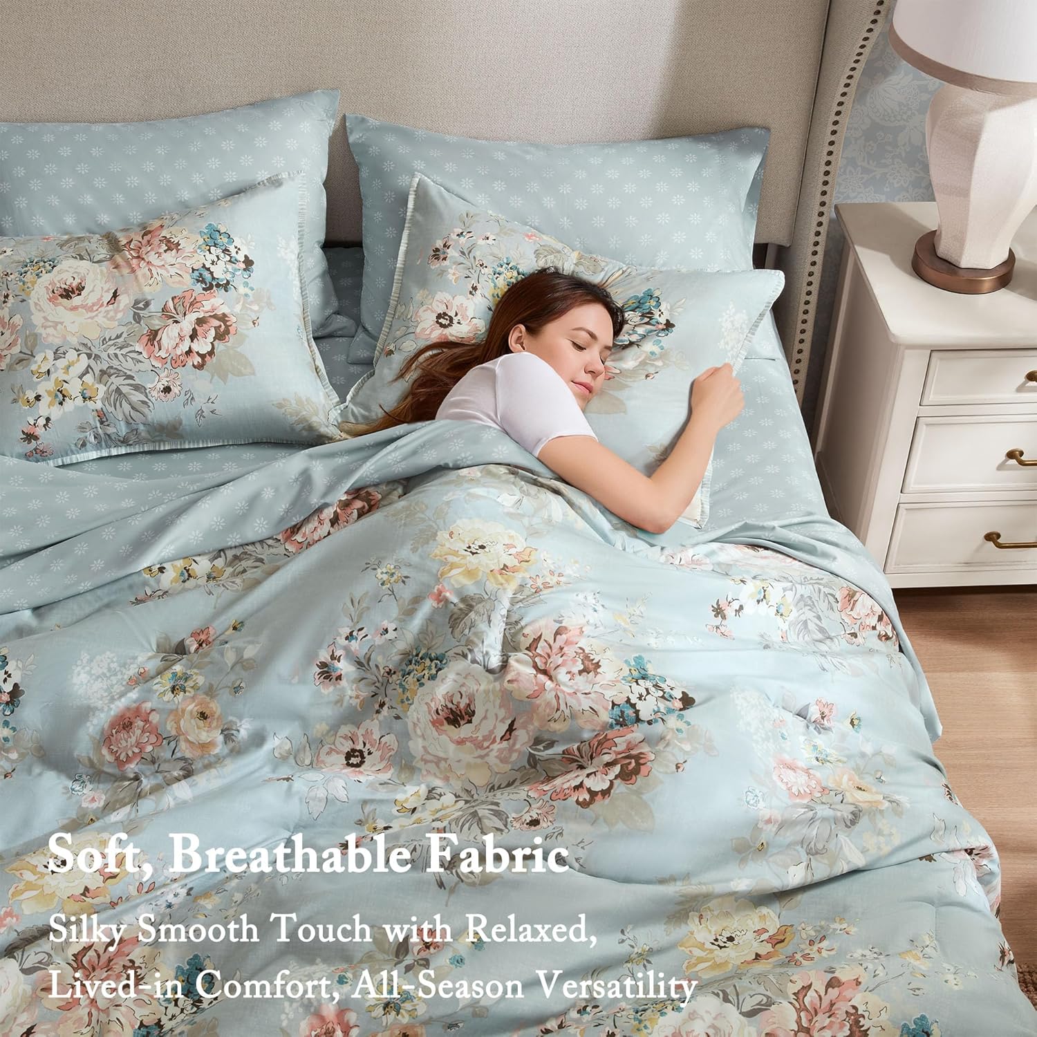 Madison Park Essentials Floral Comforter Set Queen Size, Vintage Flower Bedding Set with Sheet Set, 7 Pieces Bed in a Bag with Reversible Botanical Comforter, Pillowcases & Shams, Heather, Soft Blue