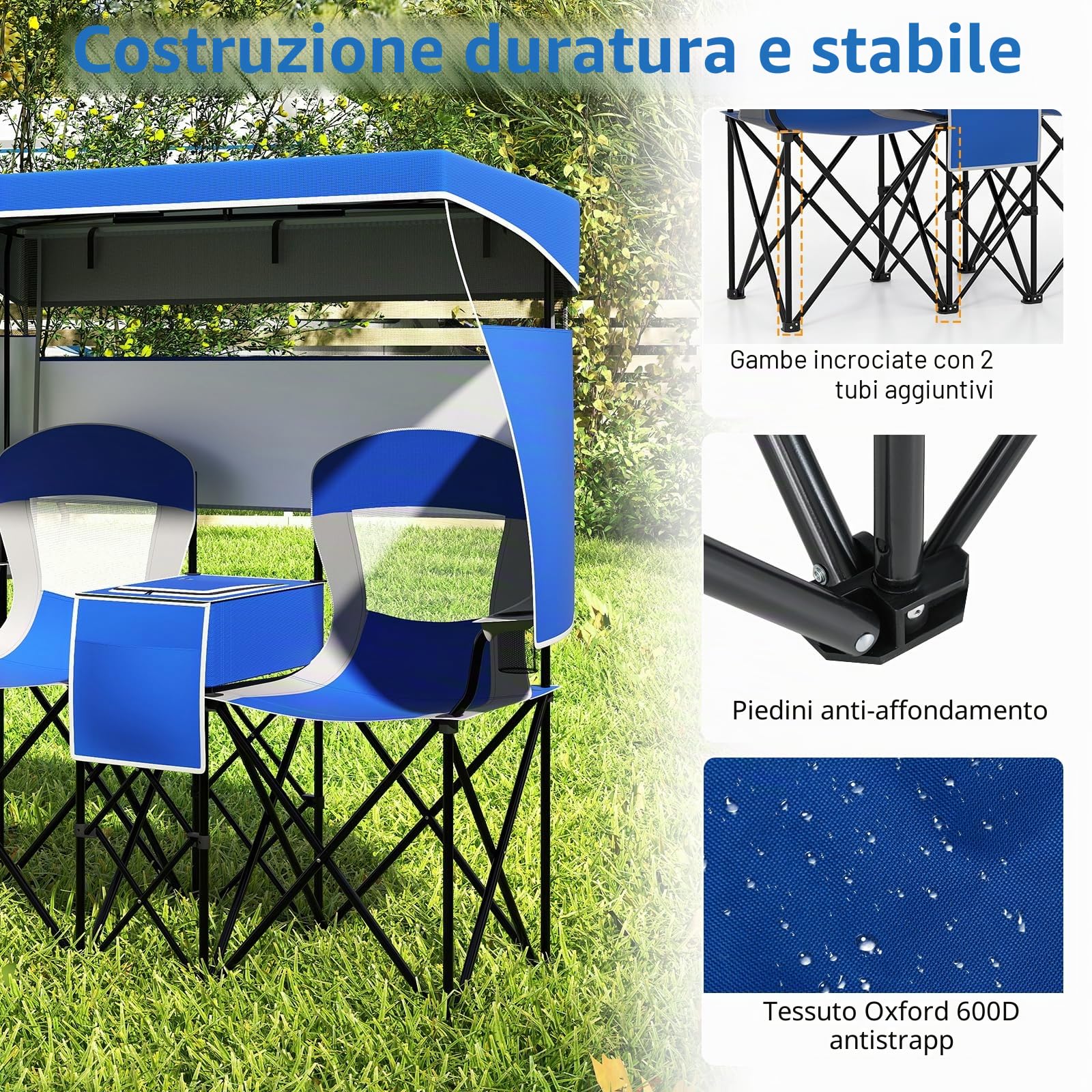 GIANTEX Set di 2 sedie da campeggio pieghevoli con tettuccio parasole, mini tavolo, borsa termica e porta bevande, sedia pieghevole per 2 persone, modello 2 blu scuro