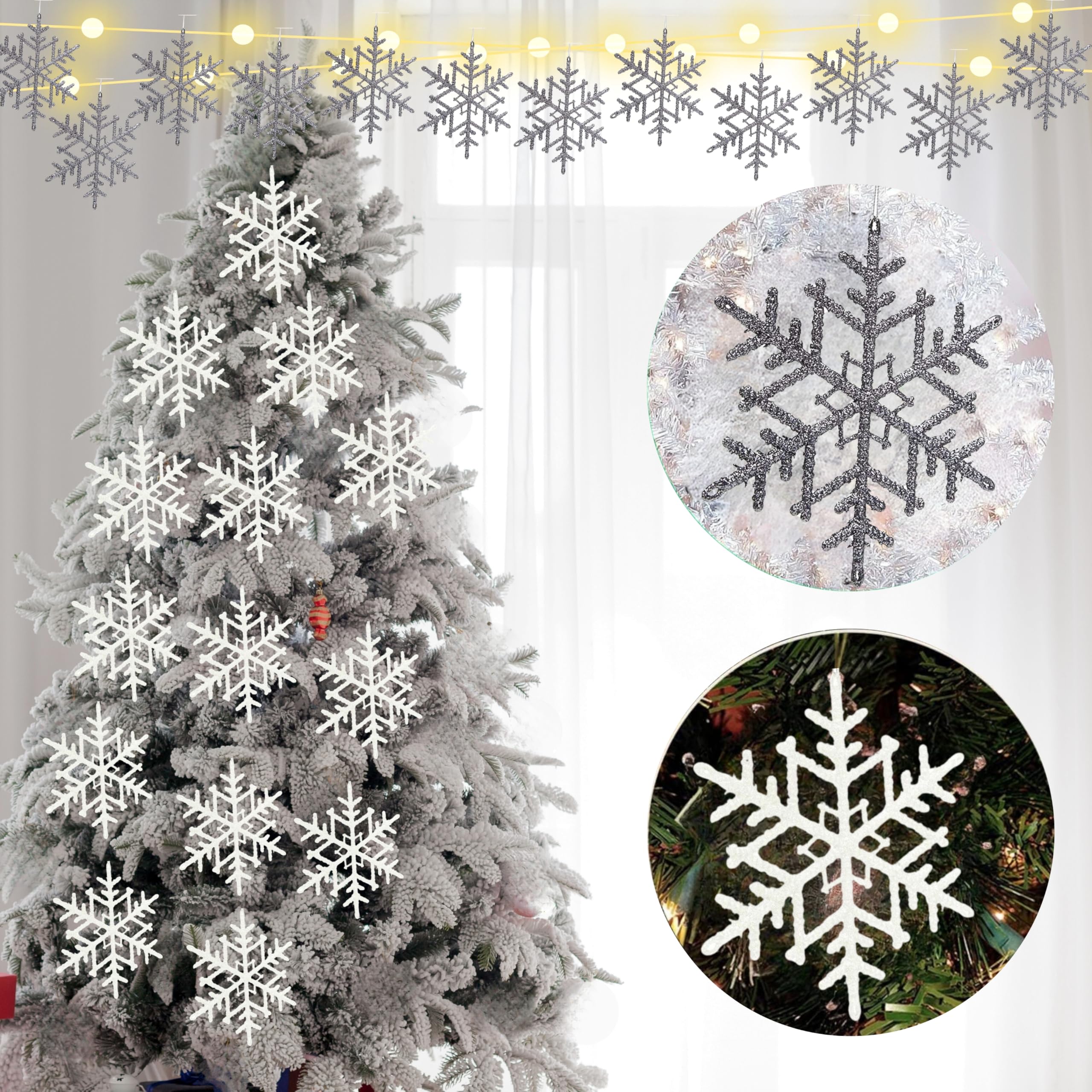 Srv Hub 24X Snowflakes (12Pcs Each Color) 24X Jumbo White Snowflakes Ornaments 20Cm Grey & White, Big Plastic Glitter Snowflake For Winter Indoor Outdoor Christmas Tree Window Room Decorations Giant Craft Snowflakes