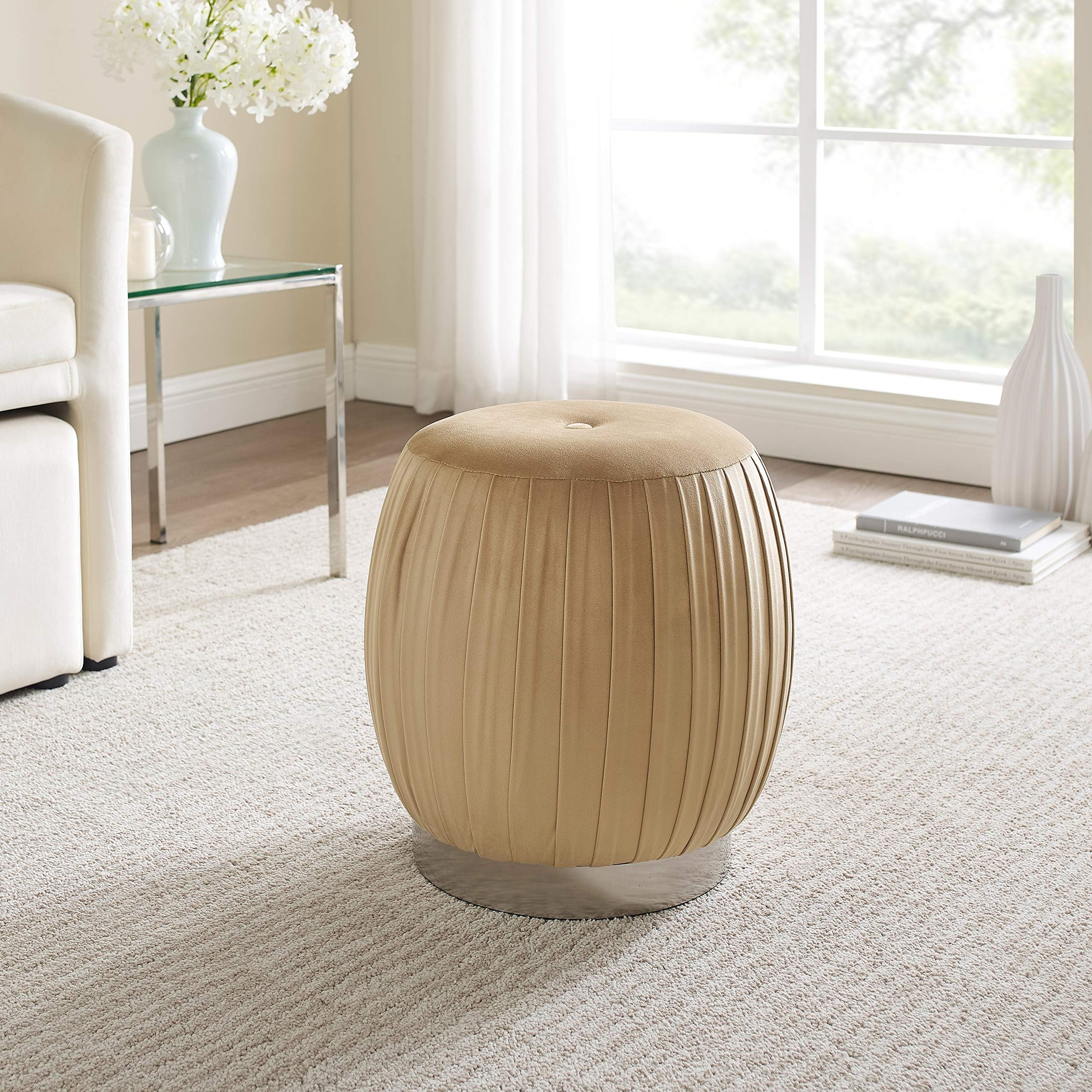 Art Leon Velvet Ottoman, Pleated Tufted Small Round Vanity Stool, Modern Upholstered Foot Rest Ottoman Stool Seat with Silver Plated Base for Dresser Bathroom Bedroom Living Room Office (Light Brown)