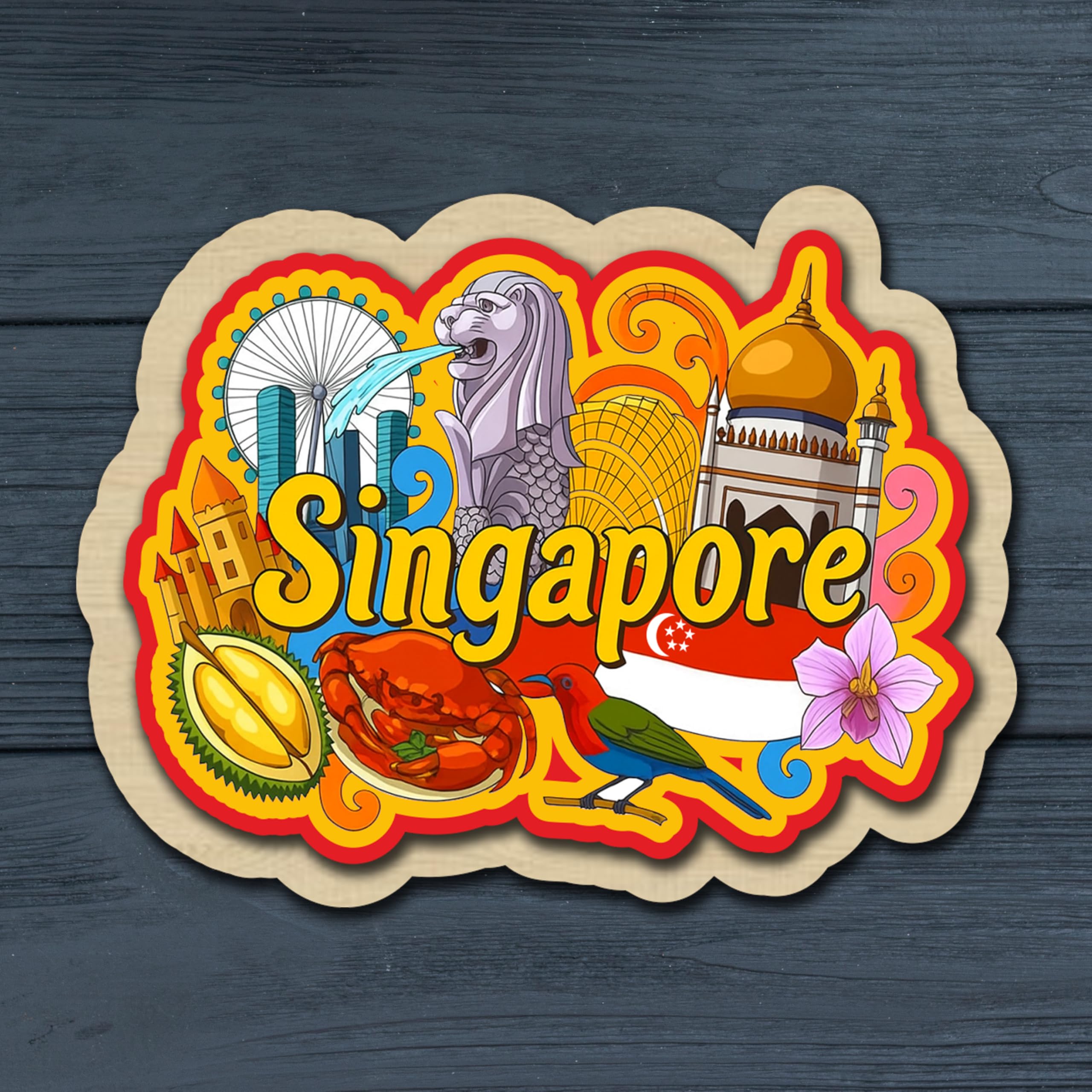 Tinywalk Fridge Magnet – Colorful Wooden Souvenir | Decorative Refrigerator Magnet, Travel Souvenir Gift, Kitchen & Wardrobe Décor (Singapore2)