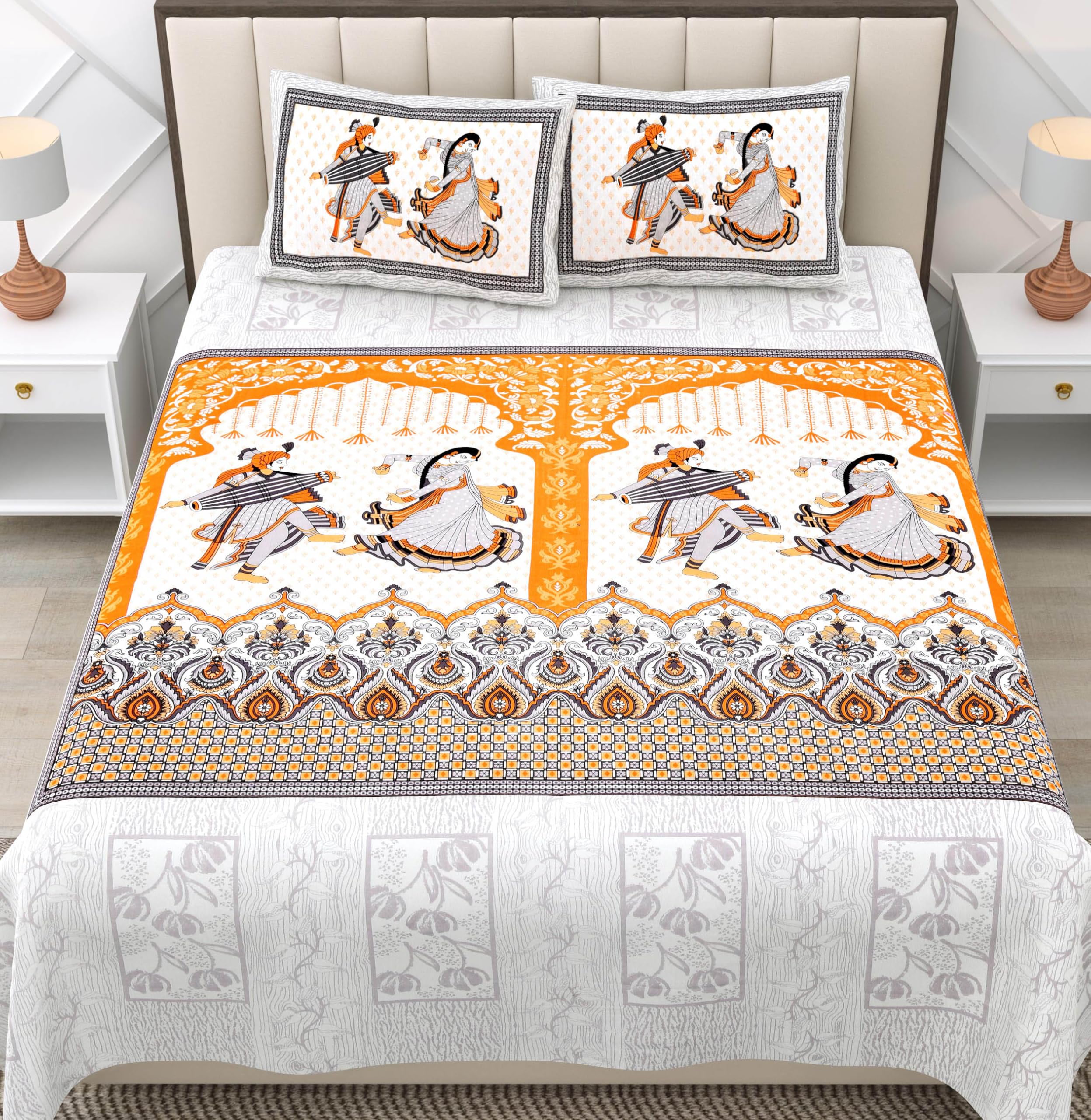 RajasthaniKart® Pure 100% Cotton Double Bed Sheet with 2 Pillow Covers (Bedsheet for Double Bed Cotton, Traditional Dholamaru,Jaipuri King Size,5304)-image-17