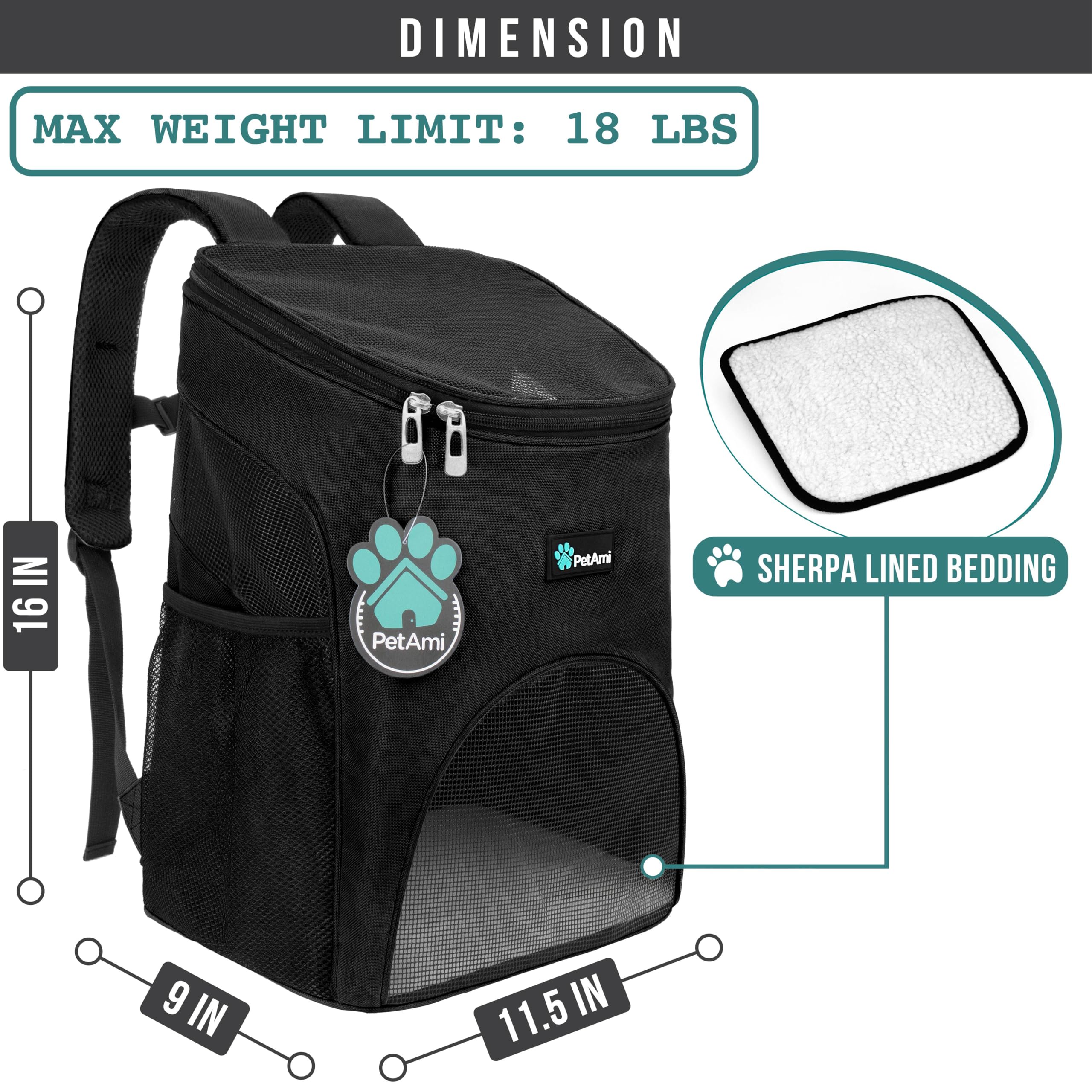 PetAmi Cat Backpack Carrier, Airline Approved Pet Carrier Backpack for Small Dogs and Large Cats, Soft Sided Collapsible Ventilated with Sherpa Bed for Hiking Travel, Max 18 lbs, Black : Pet