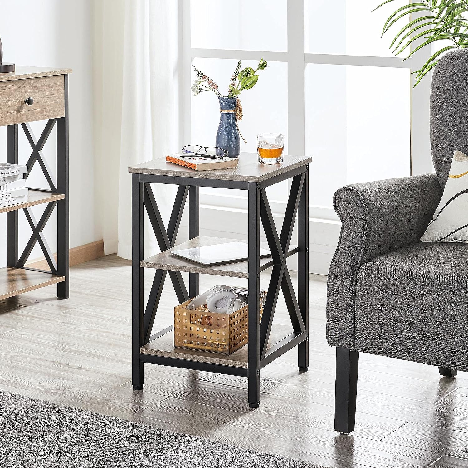 Yaheetech Industrial End Tables, 3-Tier Side Tables with Storage Shelves for Living Room, X Design Sofa Tables, Strong Metal Frame, Easy Assembly, Gray