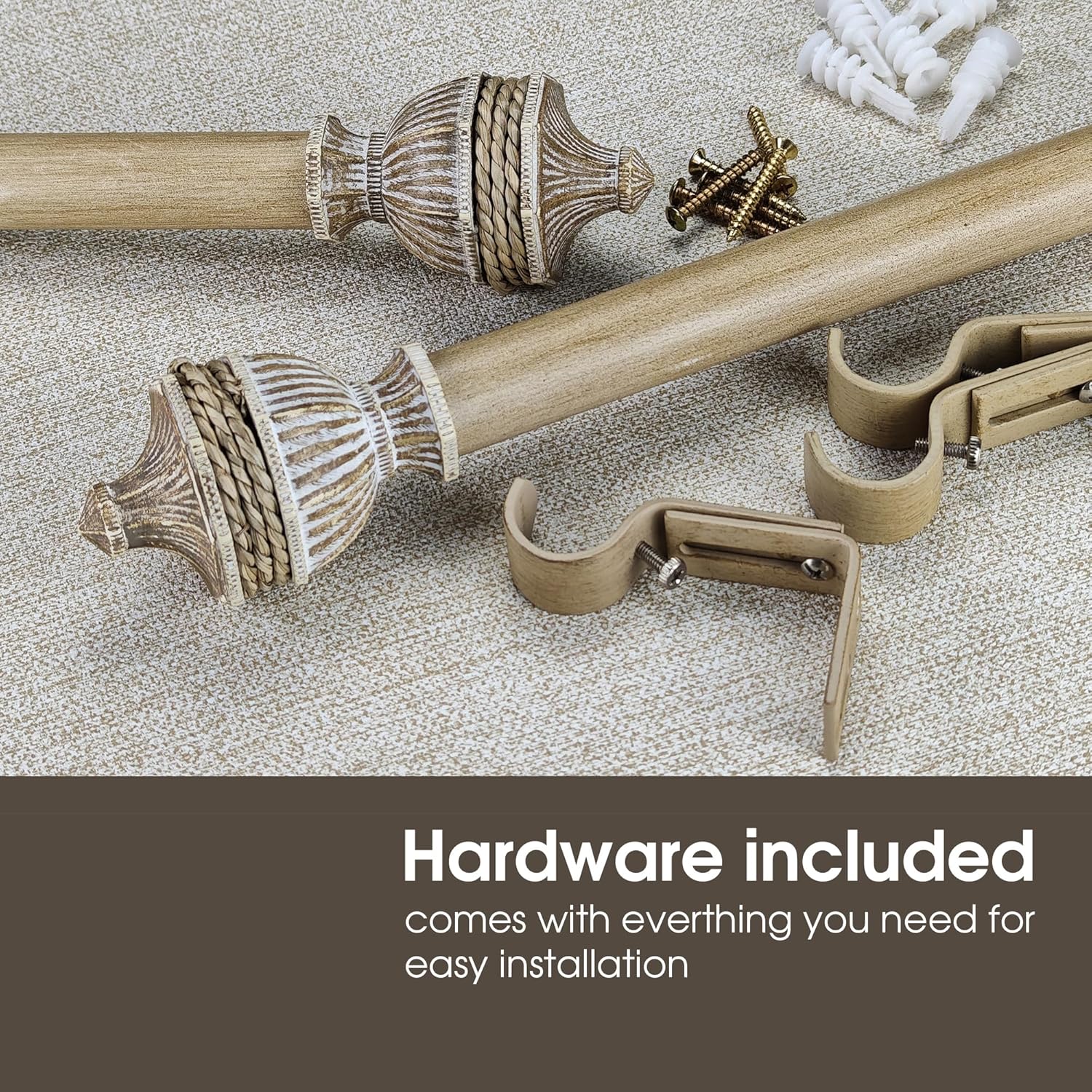 Weathered Oak Curtain Rod Set with Jute Rope Finial, 72-144 inch, Standard Single Drapery Rod for 1 Pack, 1 inch diameter, Adjustable Length