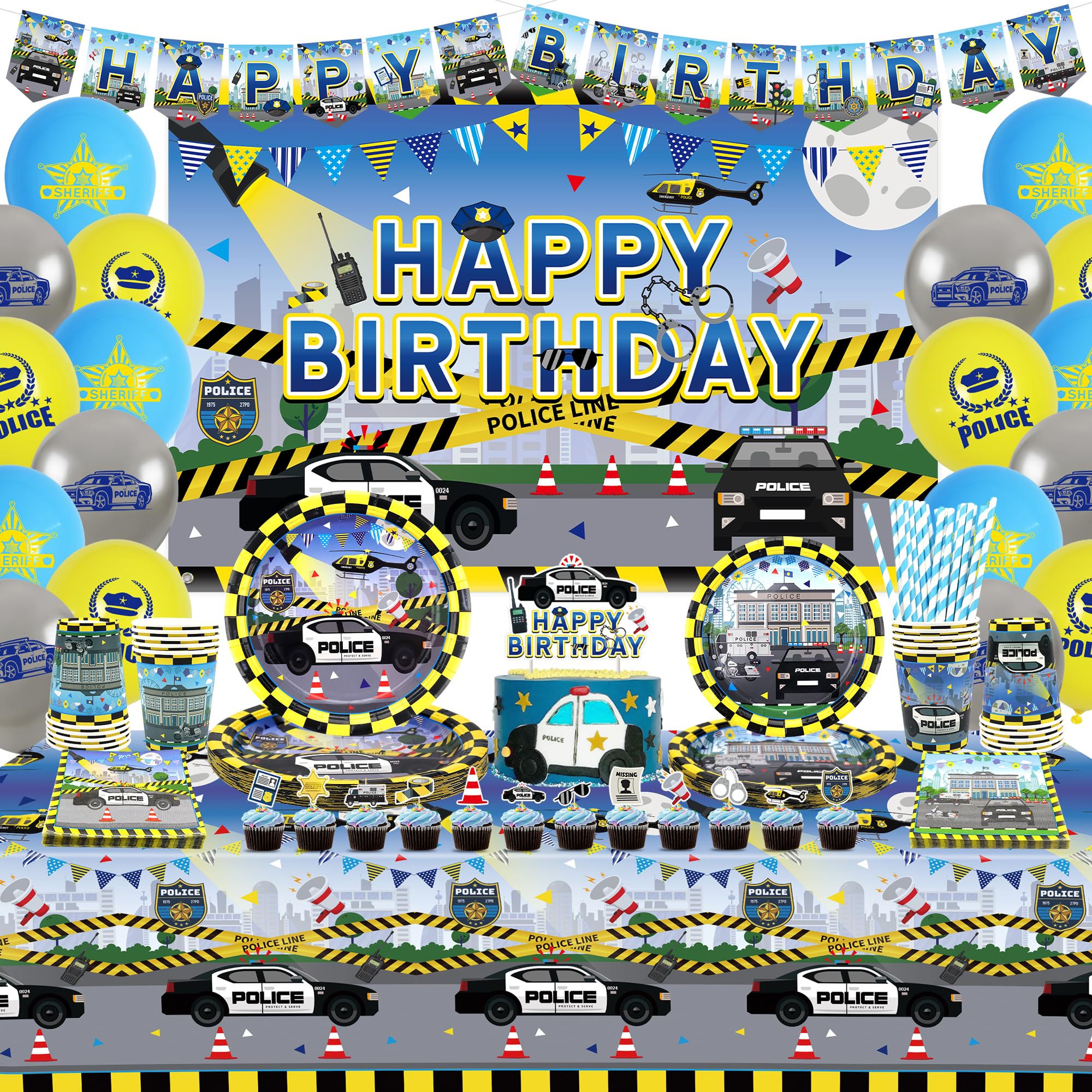 Obussgar Police Birthday Party Decorations - Police Party Supplies including Banner, Backdrop, Cake Toppers, Plates, Cups, Napkins, Balloons, Tablecloth for Birthday Party Baby Shower - Serves 20