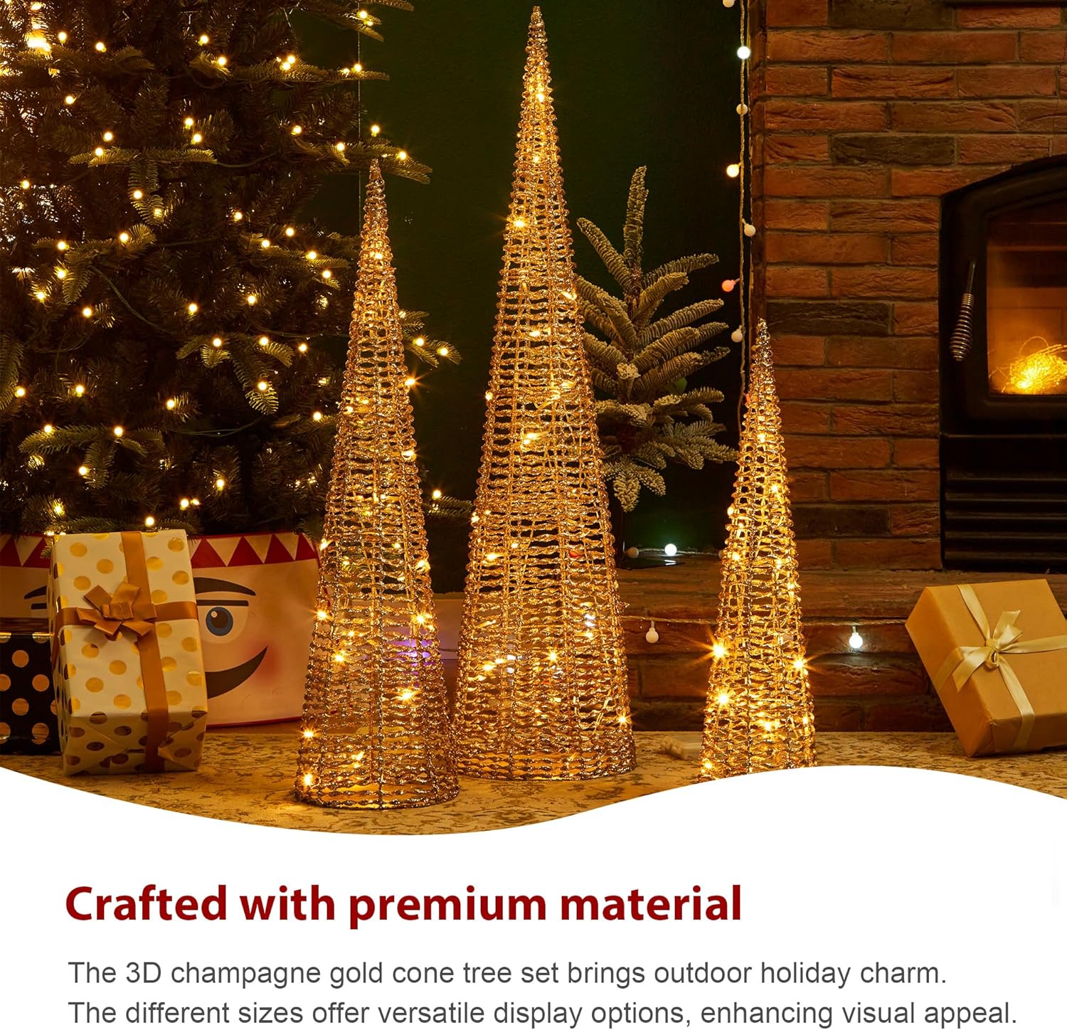 Glitzhome Set of 3 Lighted Christmas Plastic Cone Tree Outdoor Decor with 65 Warm White LED Lights, Champagne Gold