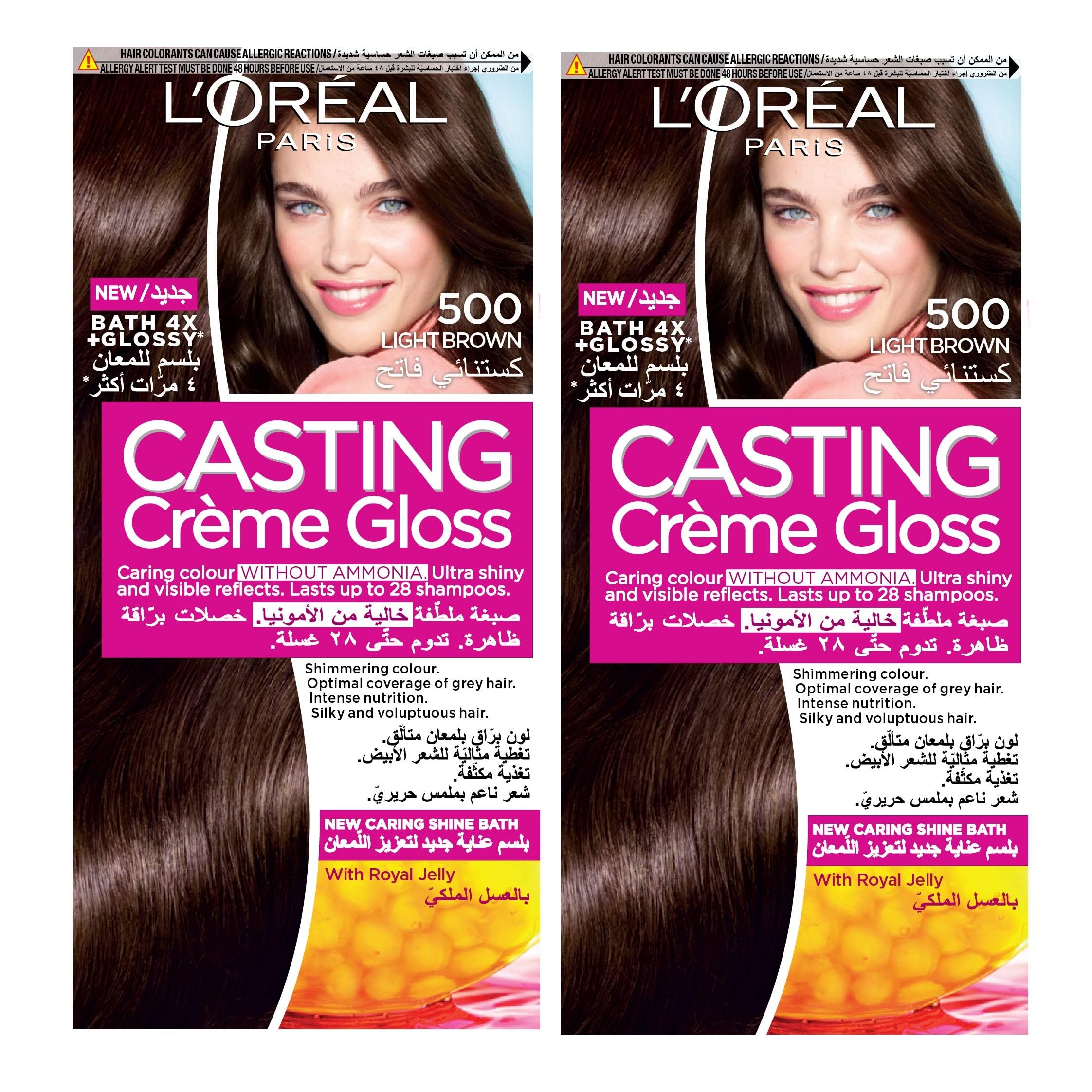 L’Oréal Paris Casting Crème Gloss No Ammonia Hair Color for Shiny Hair, 500 Light Brown, Pack of 2