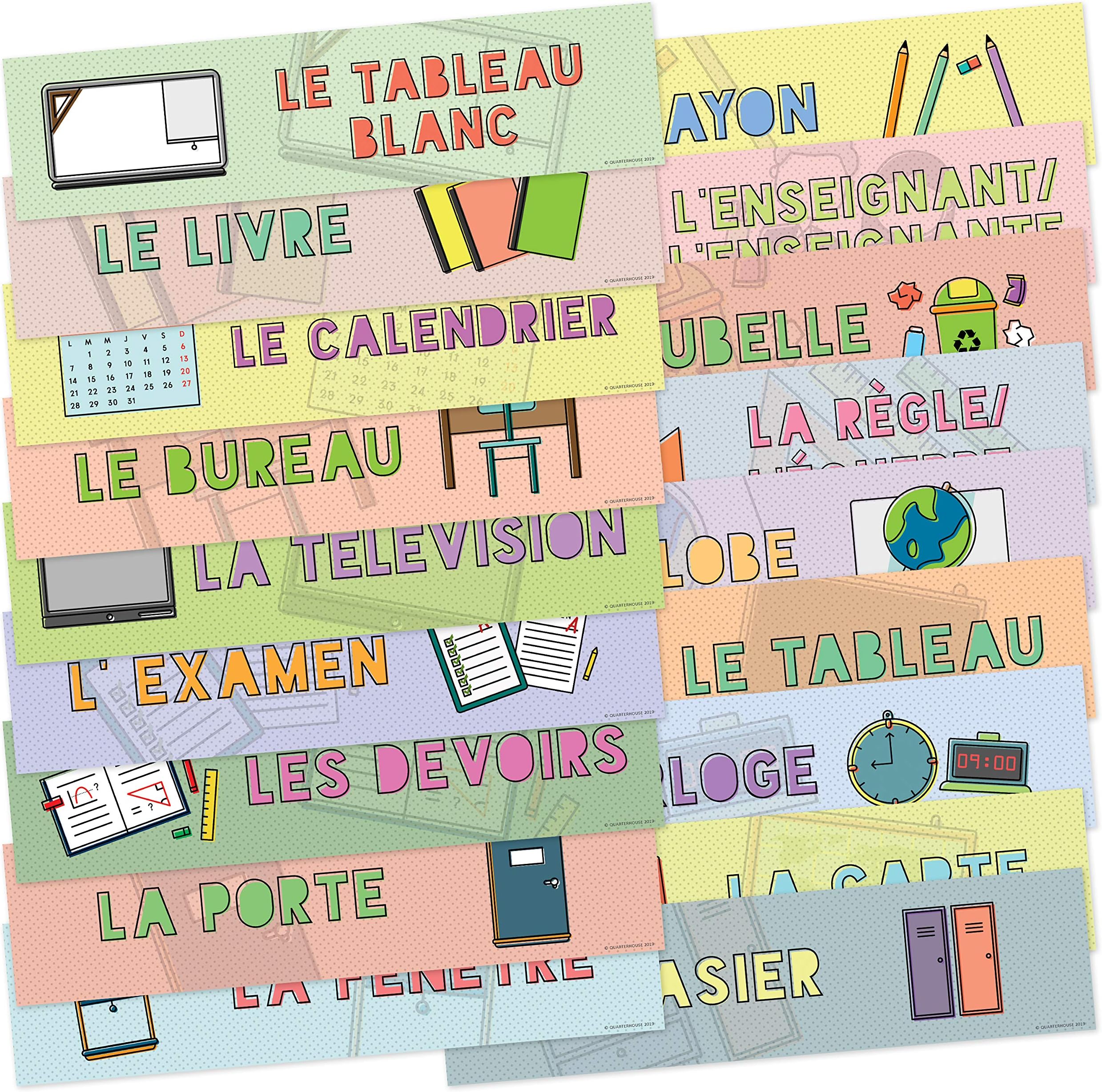 Quarterhouse 18 French Common Classroom Items Placard Label Set, French Classroom Learning Materials for Pre-K and K-12 Students and Teachers, 12 x 3 Inches, Made in USA