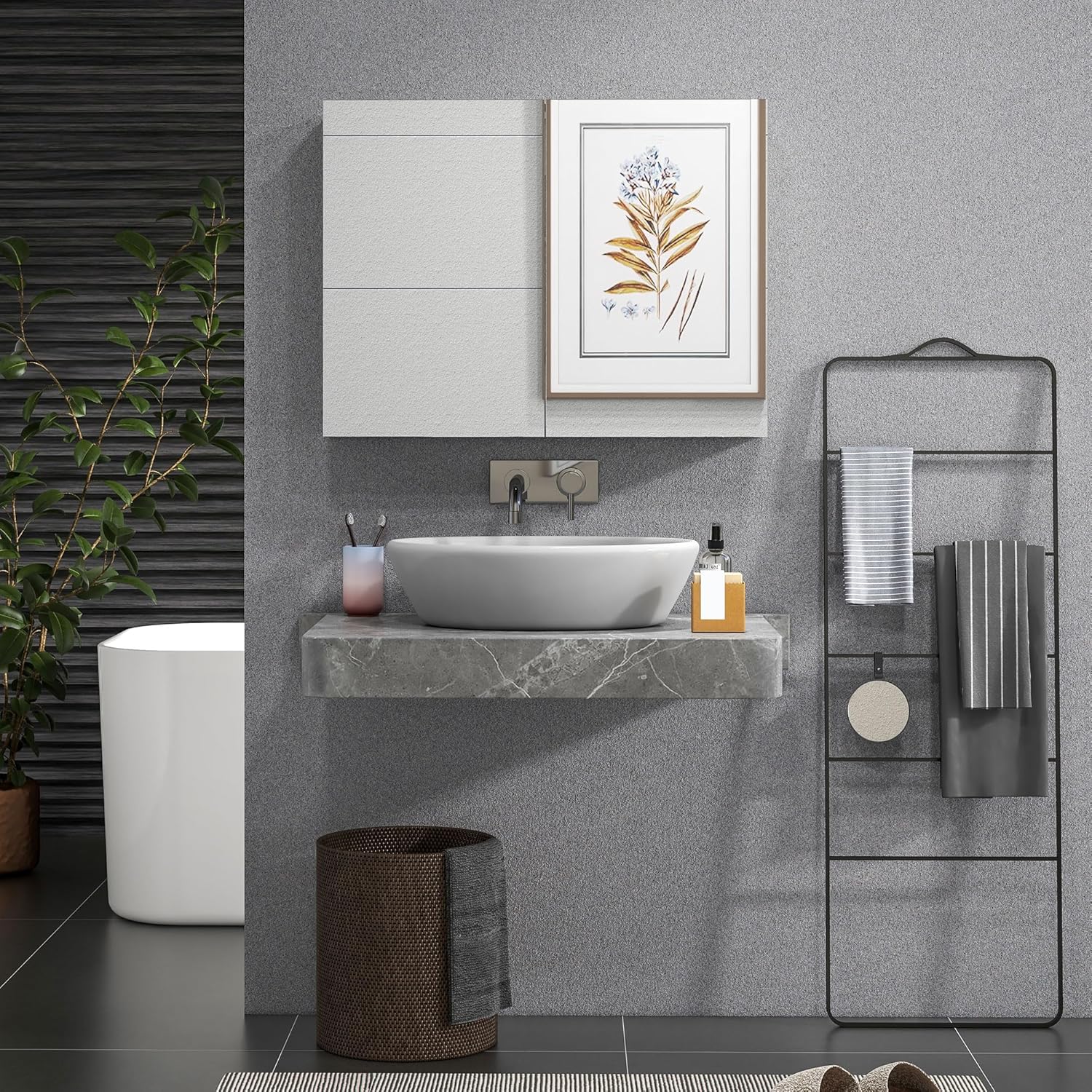 HOMCOM Wall Mount Medicine Cabinet with Mirror, Bathroom Mirror Cabinet Storage Organizer with Adjustable Shelf, Double Door Cupboard, Soft Closing, 31.5" x 23.5", Grey