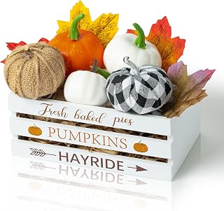 WATINC Fall Thanksgiving Wooden Maple Leaves Burlap Buffalo Plaid Faux Foam Pumpkins Mini Crate Table Centerpiece, Autumn Farm Fresh Pumpkins Sign Tiered Tray Table Home Decor Supplies(62Pcs)