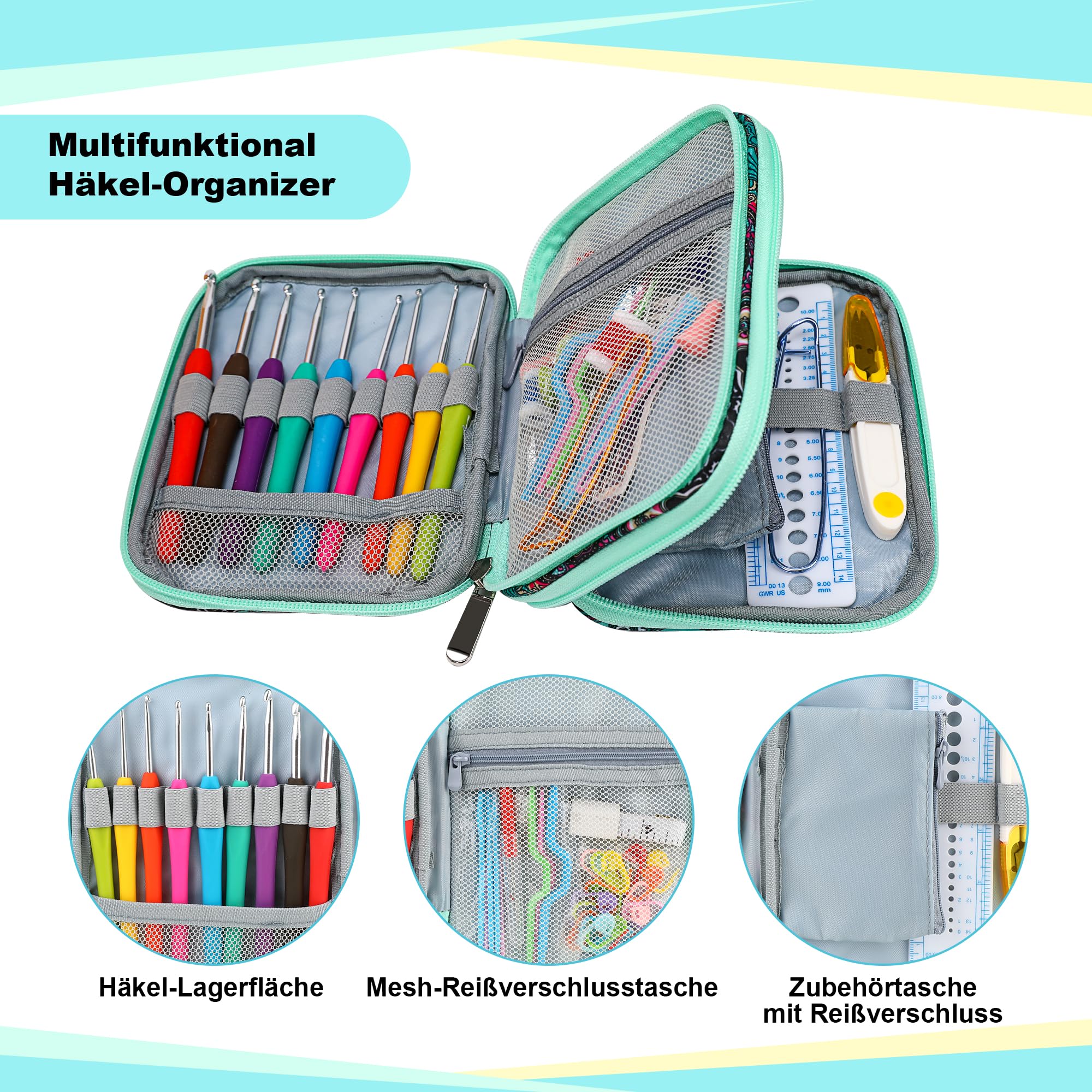 JOZEA Custodia per uncinetto con cerniera e tasche Web per ferri da uncinetto, borsa organizer leggera per kit di lavoro a maglia (motivo blu)