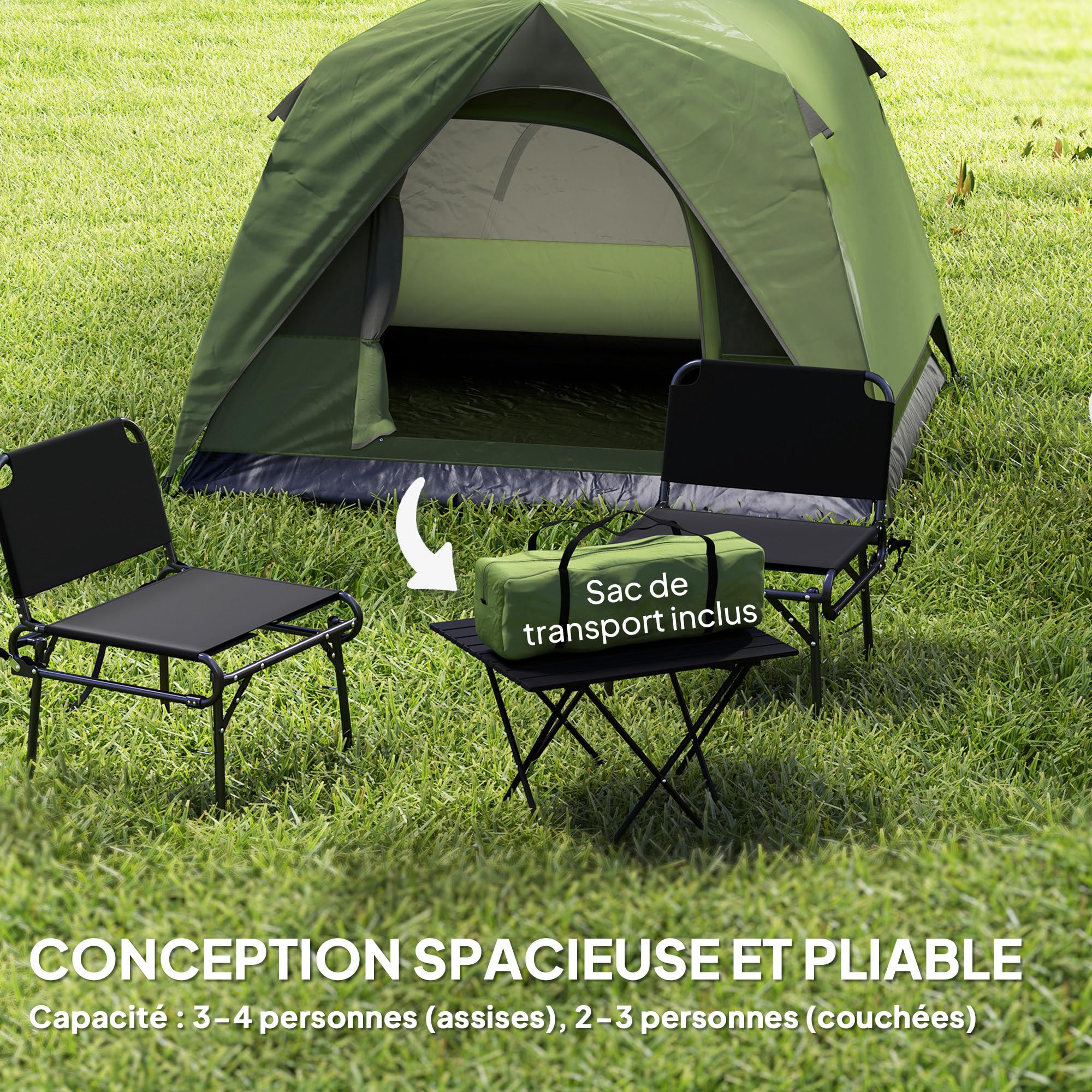 Outsunny Tente de Camping 2-4 Personnes, Tente dôme familiale imperméable, avec fenêtres, Sac de Transport, Poche et Crochet, pour Pique-Nique, Trekking, Camping, randonnée, Vert Olive