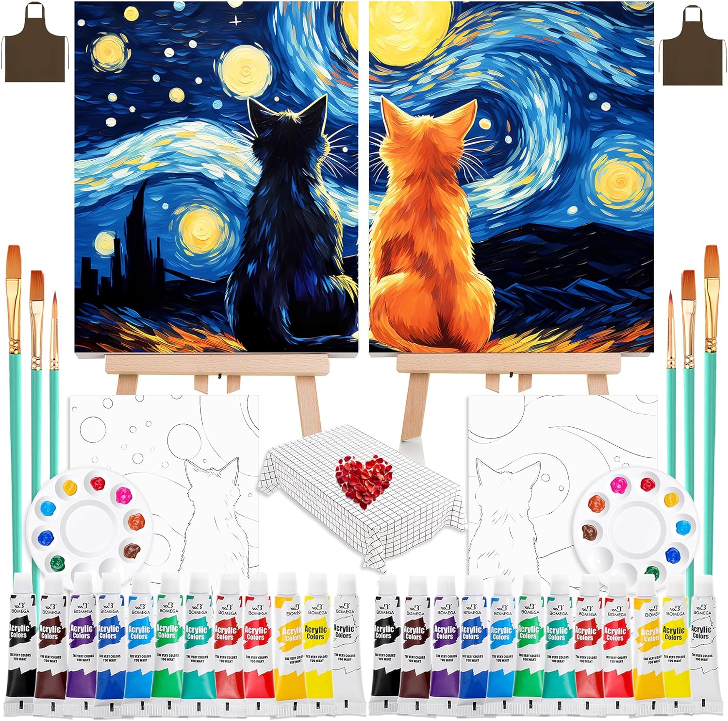 QUANWAISJ 2 Sets 10x12 Sip and Paint Kit for Adults,Couples Painting Kit Date Night,with Pre-Drawn Canvas (Easels Included), Perfect for Date Night Painting and Sip Parties (Starry Love Cats)