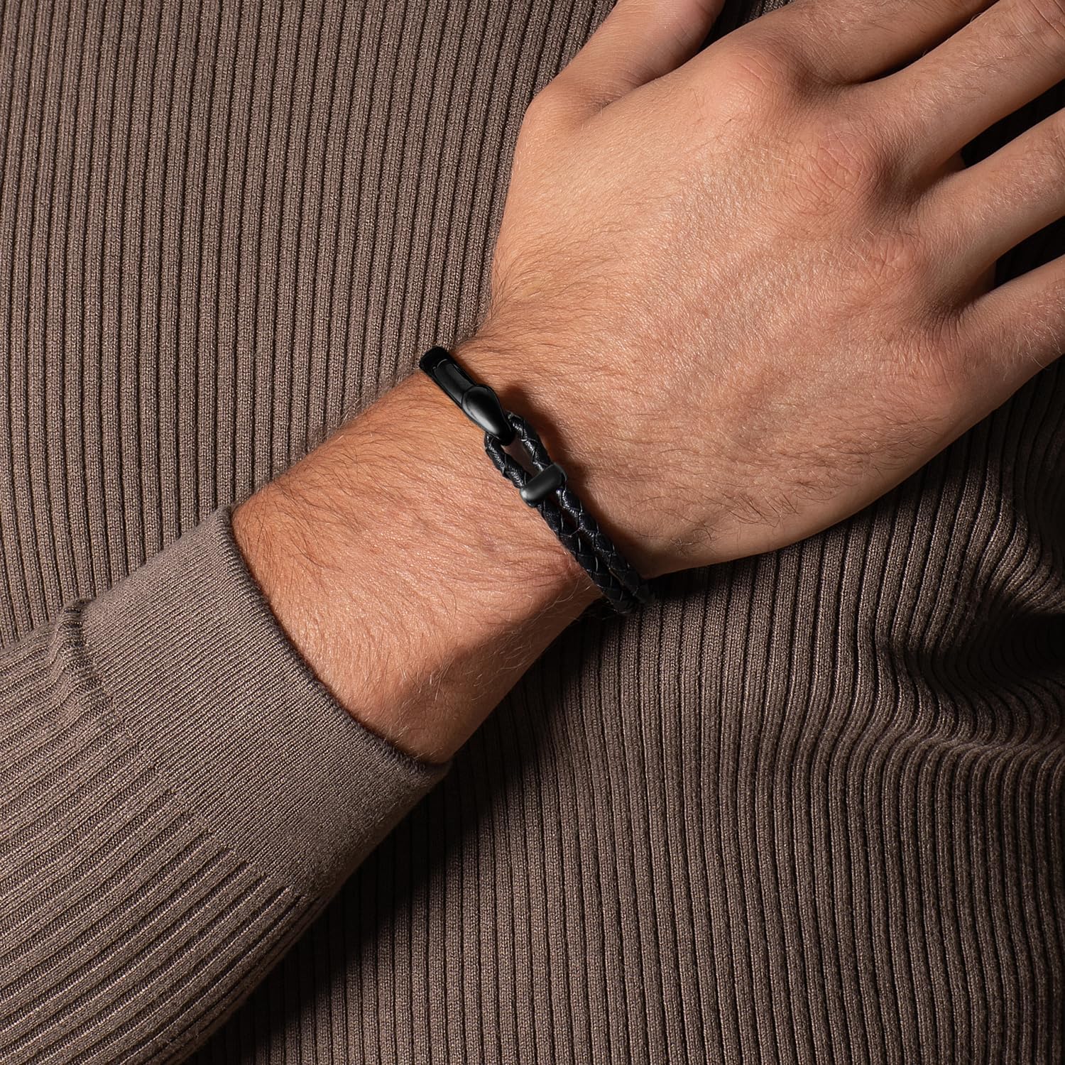 Elegatto Signature Gold Bracelet for Men | Braided Full-Grain Black Leather with 18k Gold-Plated Stainless Steel Hook Closure | Men’s Designer Jewelry Bracelets - Image 4