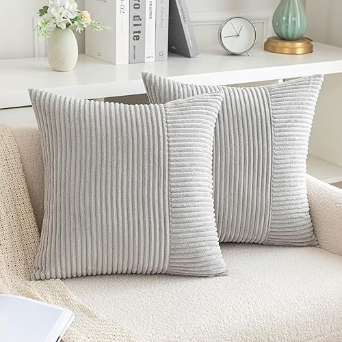 Miniatura 1 de AQOTHES Juego de 2 fundas de almohada de pana a rayas grises de 20 x 20 pulgadas, cojines cuadrados decorativos para sofá, cama, sala de estar,