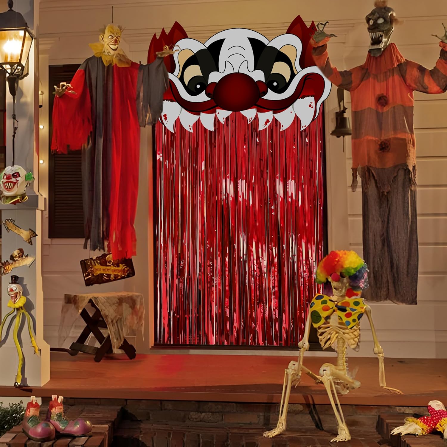 Lofaris 124 Pcs Trunk or Treat Car Decorations kit Halloween Circus Spooky Clown Carnival Party Supplies with Creepy Banner, Red Black Balloons, Tinsel Fringe Curtains for Photo Booth Backdrop