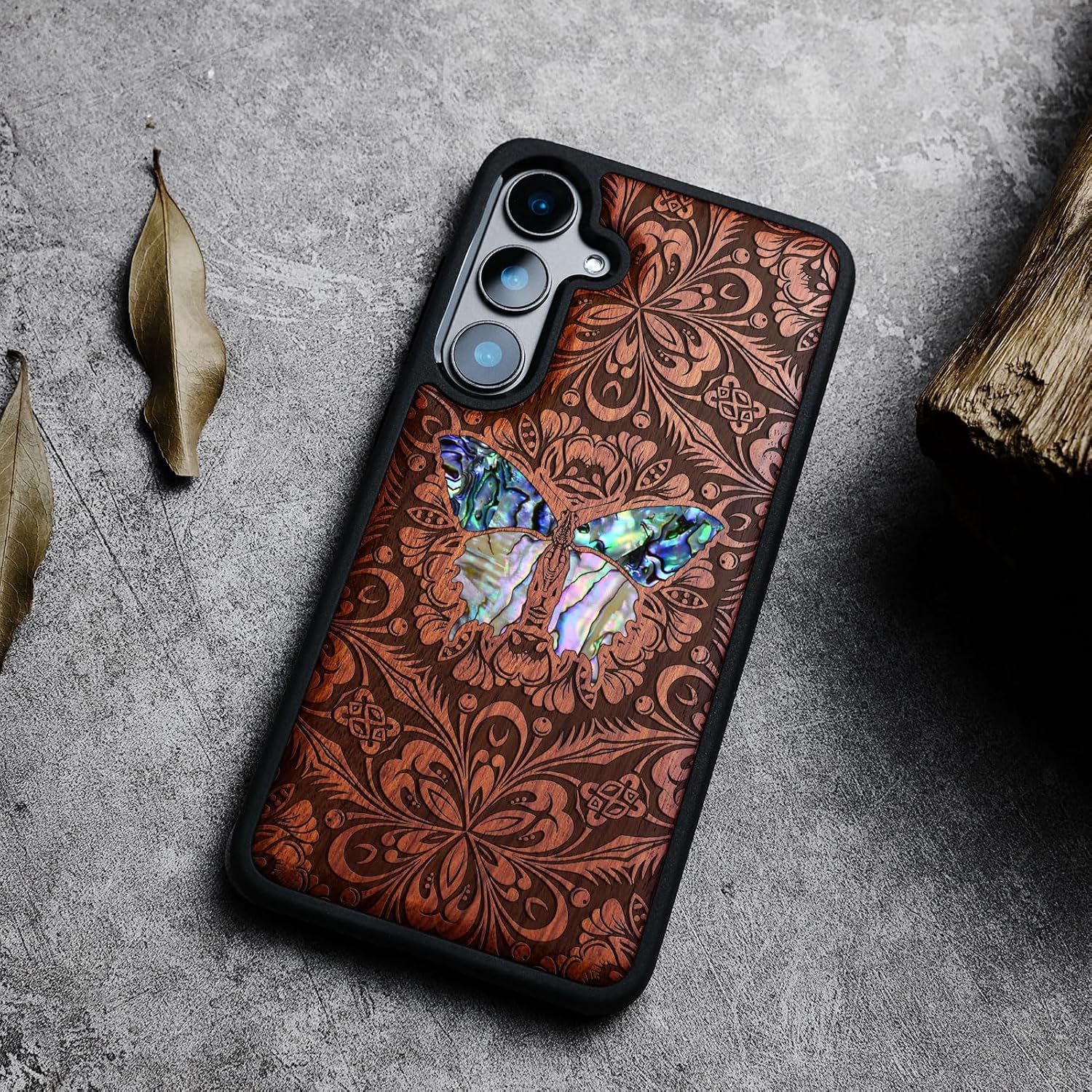 Carveit Designer Wooden Case for Samsung Galaxy S24 Plus [Wood Engraving & Shell Inlay] Compatible with Wireless Chargers S24 Plus Cover (Baroque Butterfly-Rosy)