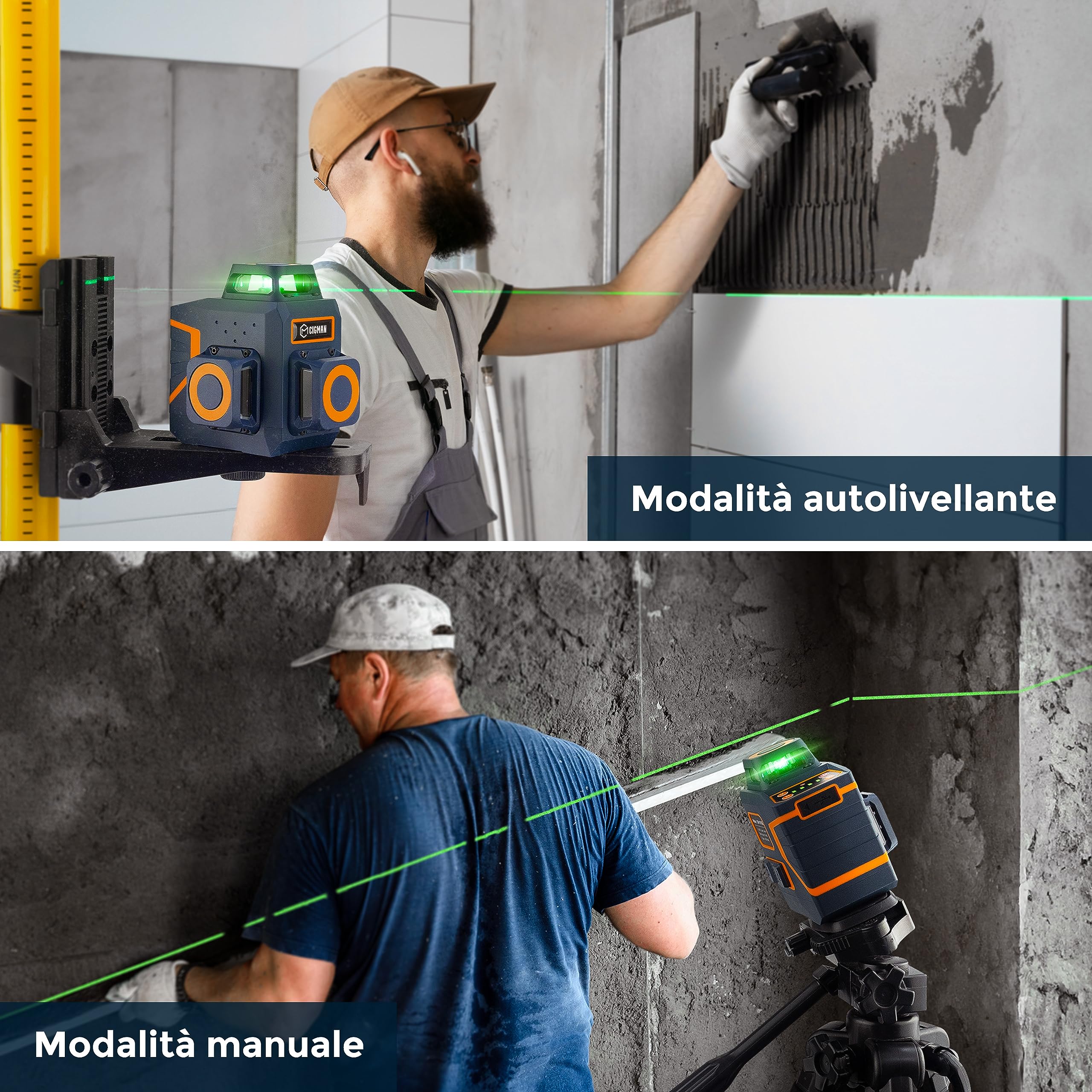 Livella Laser Autolivellante, CIGMAN 3 x 360° Verde, Gamma di Lavoro: 30M, Laser Autolivellante con Batteria al Litio Ricaricabile e telecomando, Luminosità Regolabile CM701SE