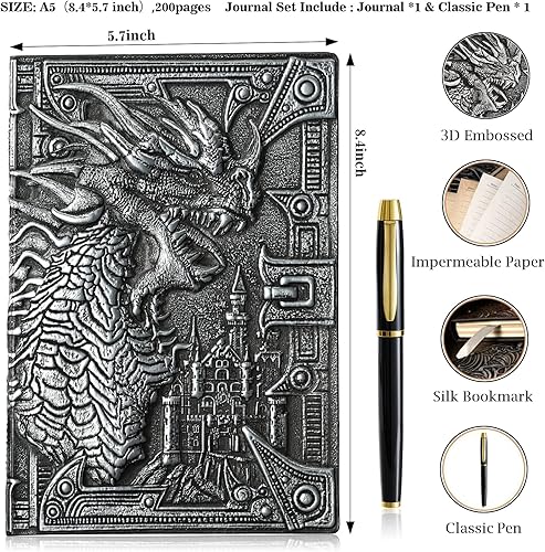 Miniatura 5 de Cuaderno de escritura en relieve de dragón 3D con juego de bolígrafos, diario DND de tapa dura, hecho a mano, diario de viaje, accesorios de RPG,