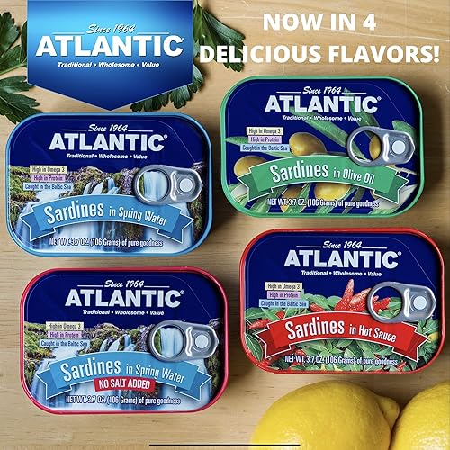 Miniatura 9 de ATLANTIC - Sardinas capturadas en la naturaleza, aptas para dieta cetogénica y paleo, total 22.2 onzas (seis latas) (agua primavera)