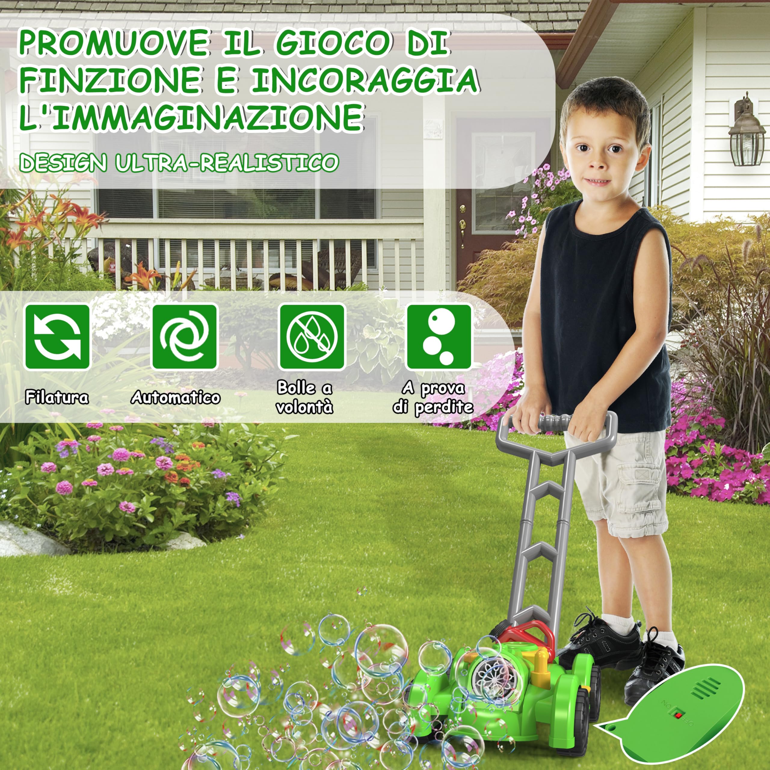 Herefun Tosaerba a Bolle per Bambini, Macchina Automatica per Soffiatore di Bolle, Giocattoli Estivi da Giardinaggio All'aperto, Regali per Bambini di Oltre 3 Anni (Verde)