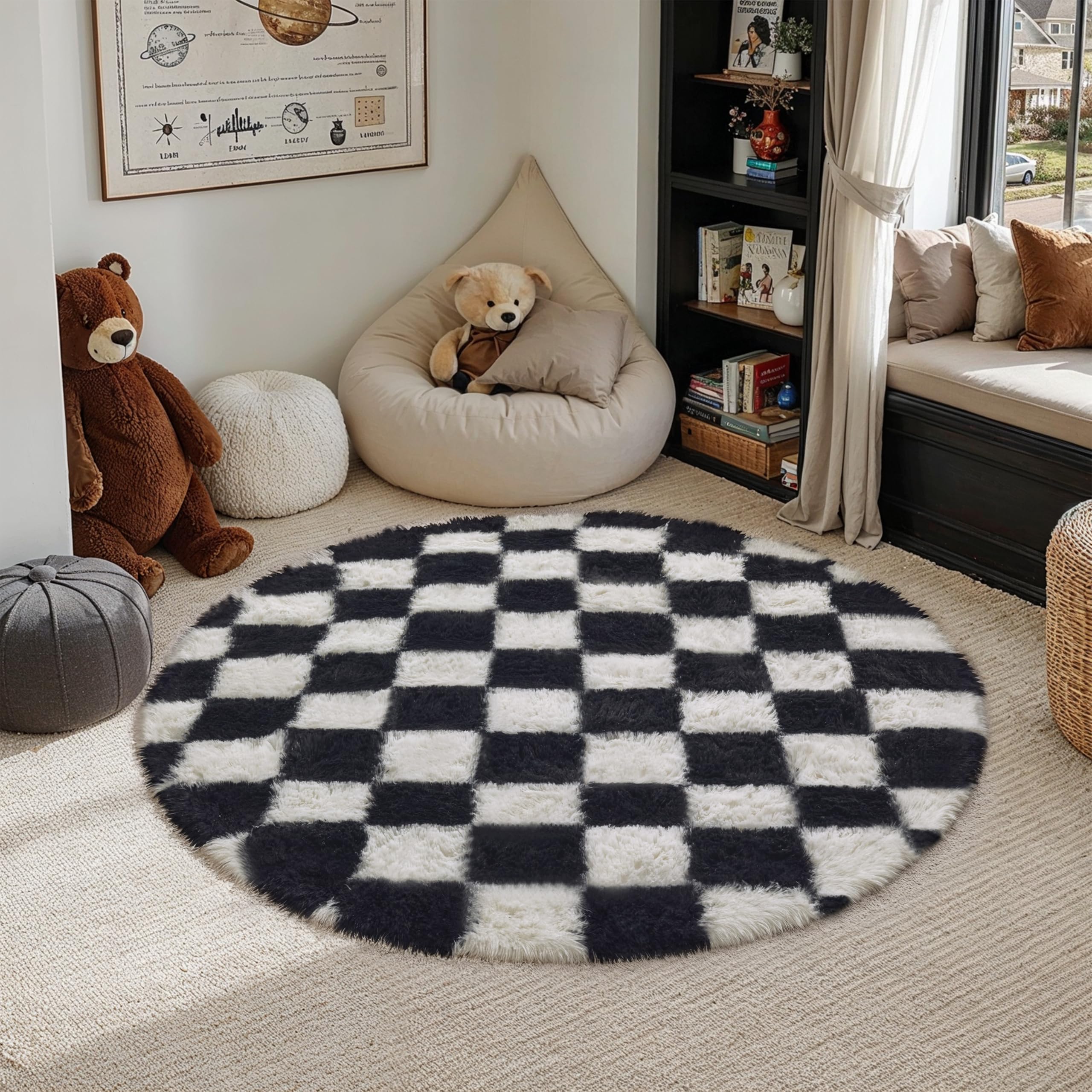 PureCozy Checkered Rug 4x4 for Living Room, Black and White Modern Shag Super Soft Washable Fluffy Rugs Indoor Fuzzy Carpet for Bedroom Home Dorm