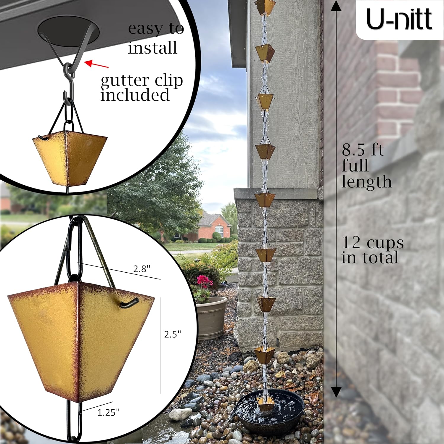 U-nitt Rain Chain Water Collection for Gutters Rainwater Catcher & Diverter, 8.5 FT Chains for Outside Garden, Golden Square Cups, Roof Downspout, Works with Heavy Rain, w/Gutter Clip for Rainchains