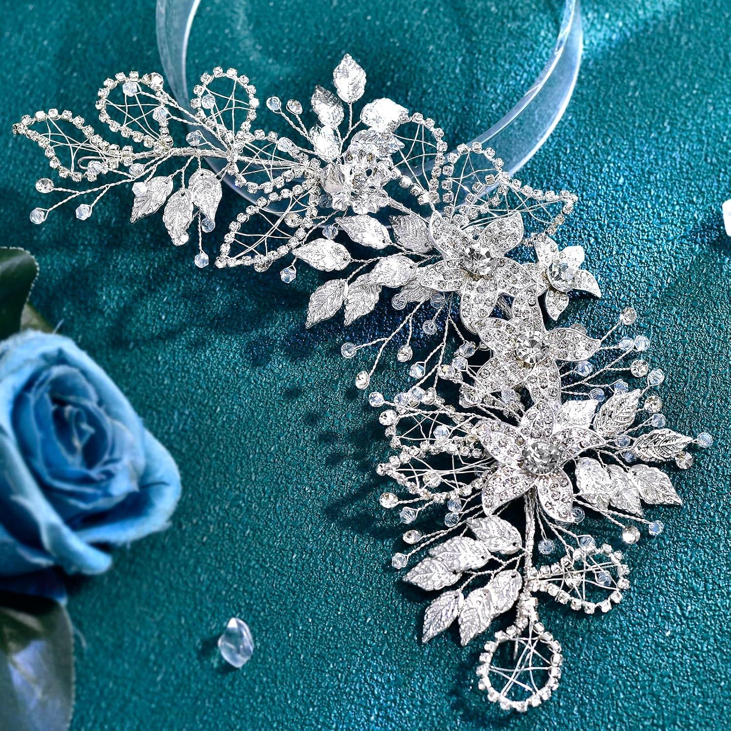 JHOO Luxury Wide Wedding Headbands Silver Flower Leaf Rhinestone Hair Piece Alloy Crystal Formal Hair Accessories for women HP282 (Silver(color), One Size)