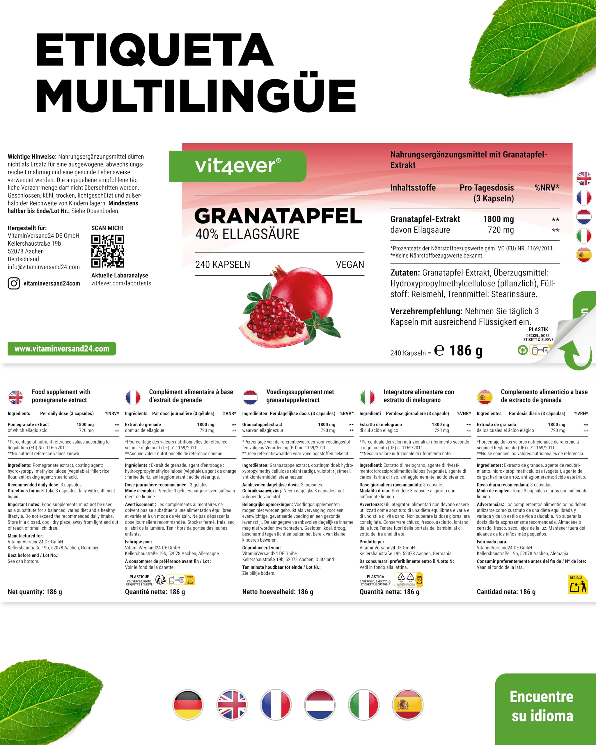 Extracto de Granada - 240 cápsulas veganas - Extracto natural de primera calidad con 40% de ácido elágico - Dosis alta - Vegano