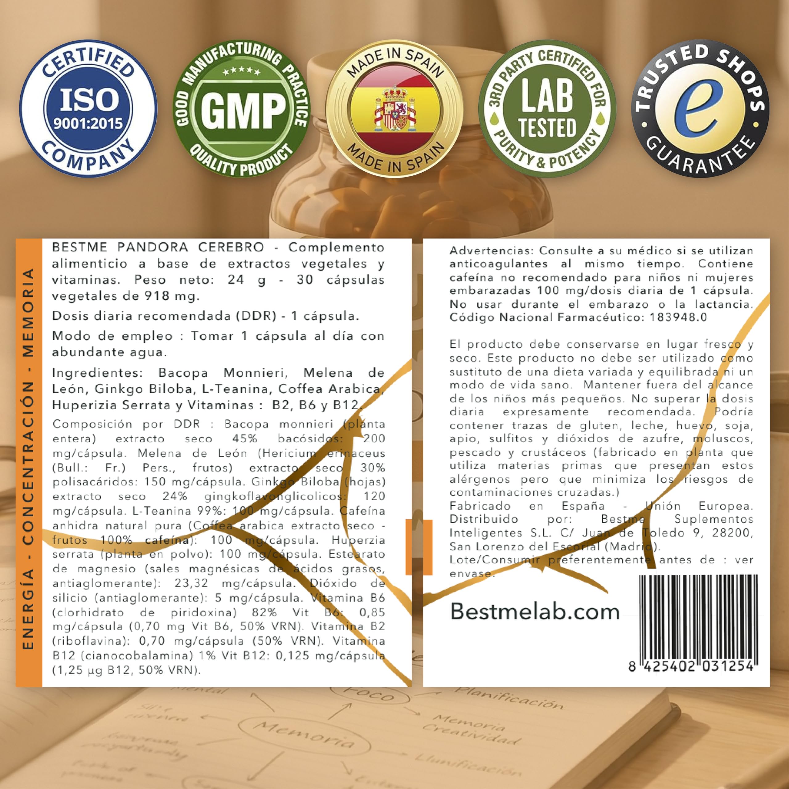 BESTME - Nootrópico Natural 9 en 1, Memoria, Concentración, Energía, Agilidad Mental | Ginkgo Biloba, Melena de León, Bacopa Monnieri, Cafeína, L-Teanina, Vitaminas B12/B6/B2-30 Cáps 800 mg (Pandora)