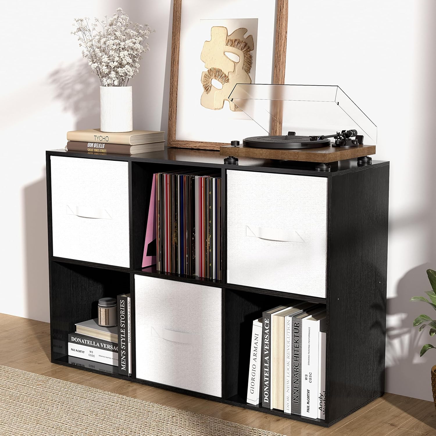 6 Cube Storage Organizer with Closed Back Panel, 13.5-inch Wooden Cubby Shelves Heavy Duty - Bookshelf for Living Room, Bedroom, Office & Closet Storage (Black, 6-Cube)