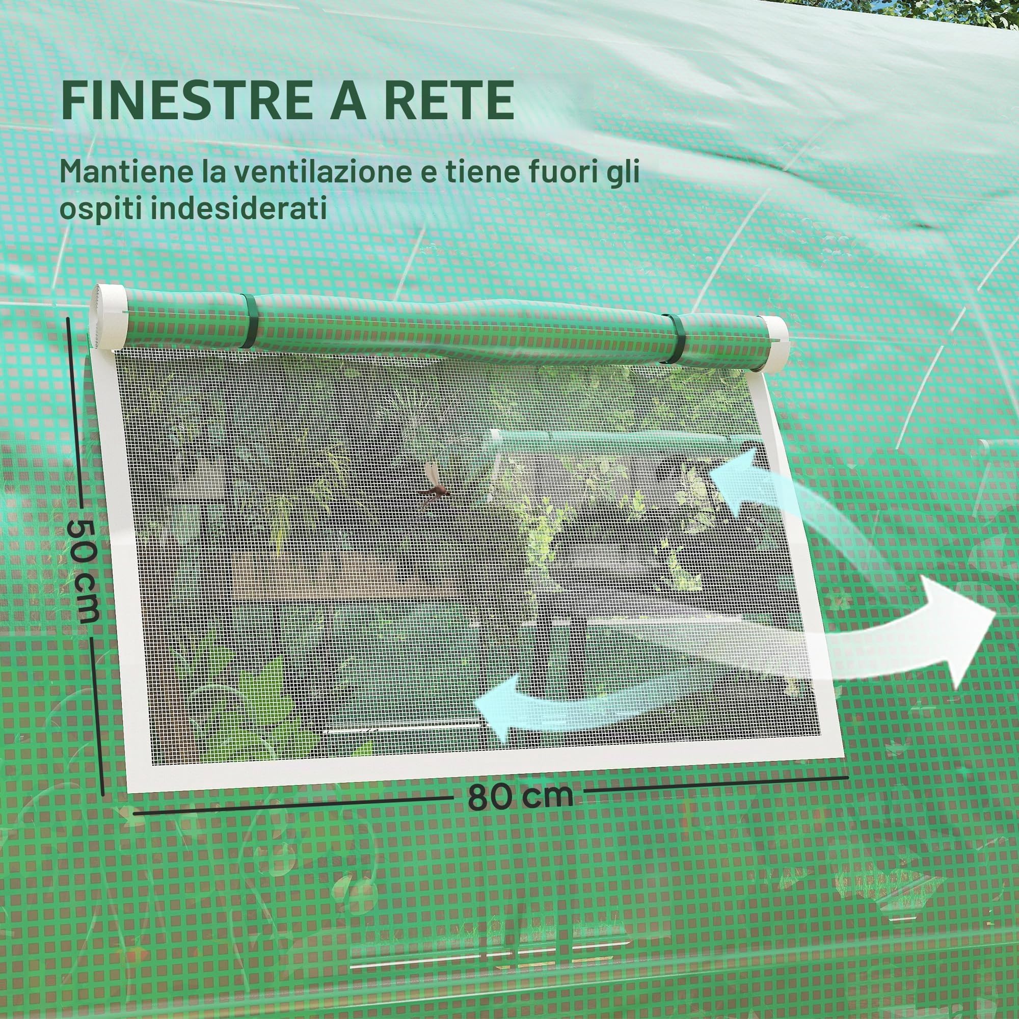 Serra a Tunnel Outsunny, Serra a Tunnel di 18 m², con 8 finestre e 2 Porte a Battente, Tessuto PE, Struttura in Ferro zincato, Verde