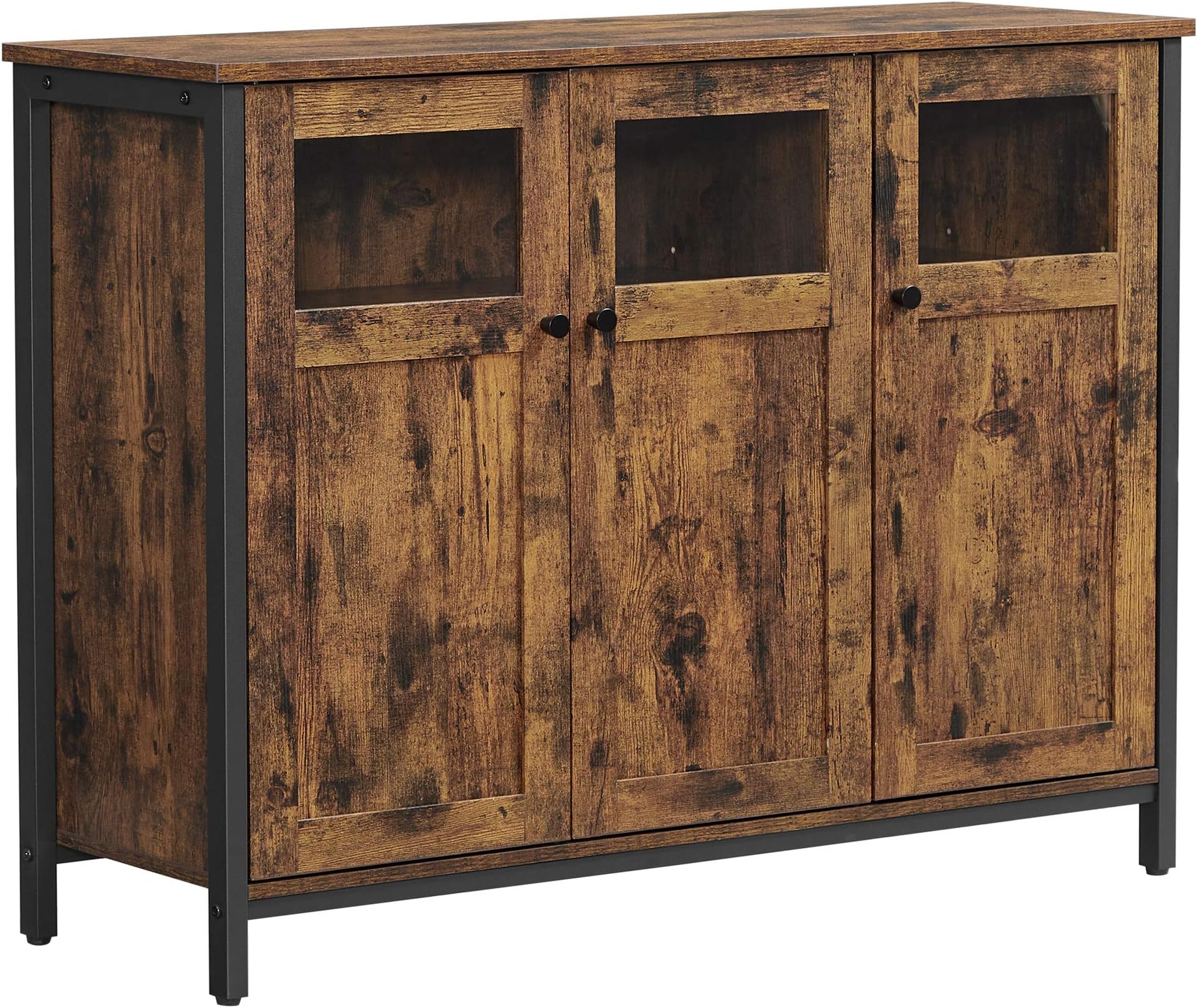 VASAGLE Sideboard, Buffet Table, Storage Cabinet with Glass Doors, Dining Room, Living Room, Hallway, Kitchen, Steel Frame, Industrial Style, Rustic Brown and Ink Black LSC099B01