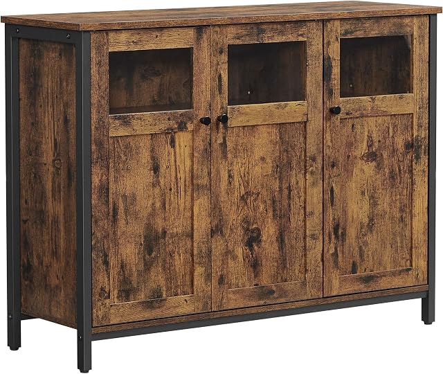 VASAGLE Sideboard, Buffet Table, Storage Cabinet with Glass Doors, Dining Room, Living Room, Hallway, Kitchen, Steel Frame, Industrial Style, Rustic Brown and Black LSC099B01
