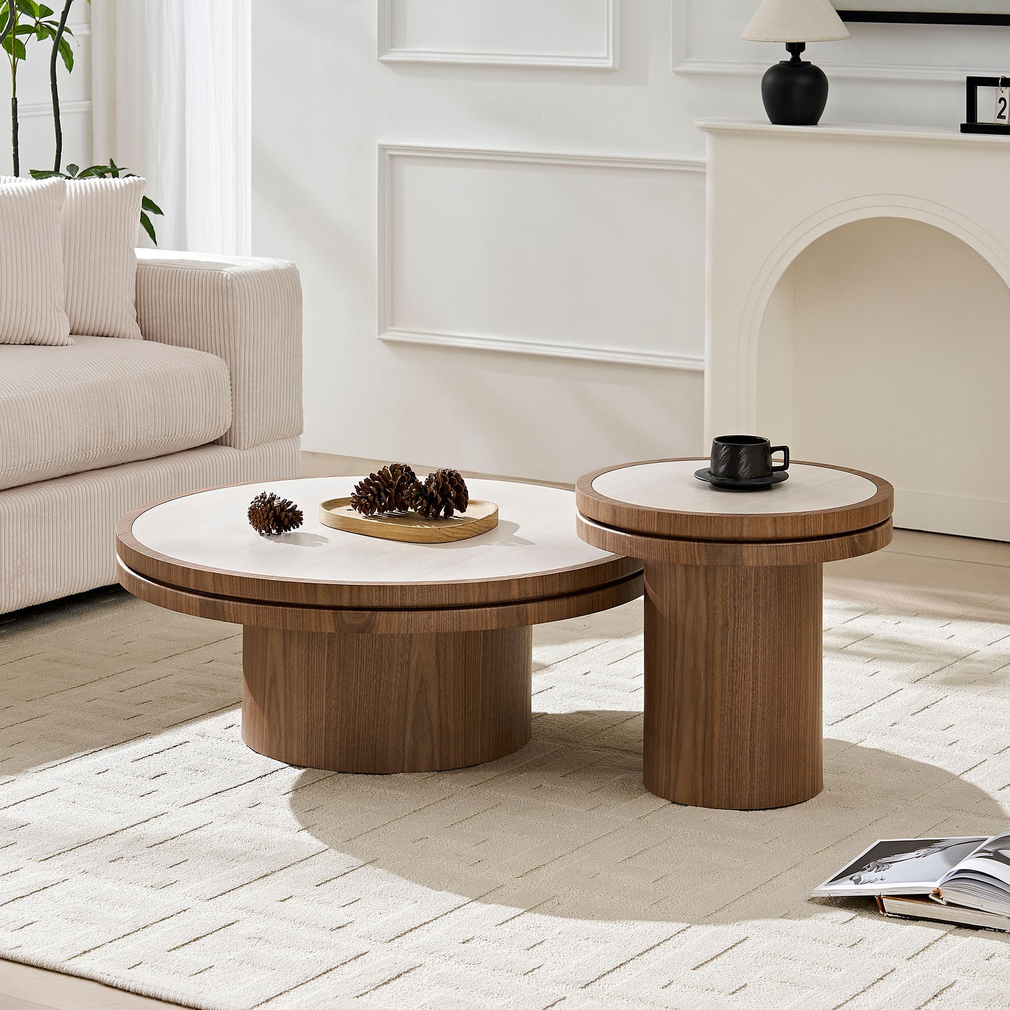 Photo 1 of KEIKI Modern Style Sintered Stone Tabletop Coffee Table Set of 2, Round Shaped MDF Coffee Table with Sturdy Pedestal and Wood Grain, Easy Assembly, for Living Room, Bedroom, Reception Room, Walnut