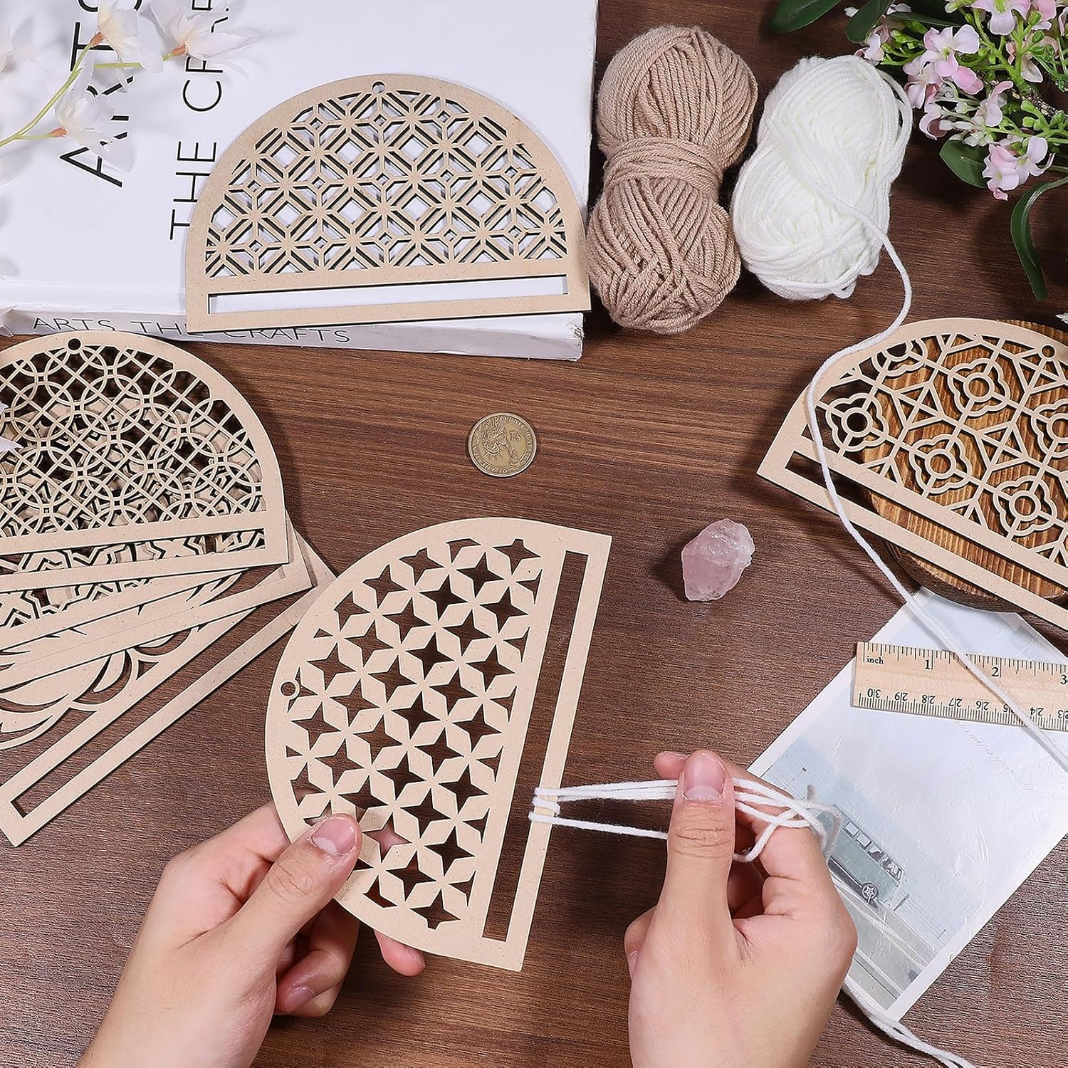 FREEBLOSS 6Pcs Mandala Macrame Frame Lotus Macrame Hanging Supplies Wood Dreamcatcher Frame Nature Wooden Hoop for Macrame Wall Hangings DIY Macrame Kit Craft Supplies Home Decor