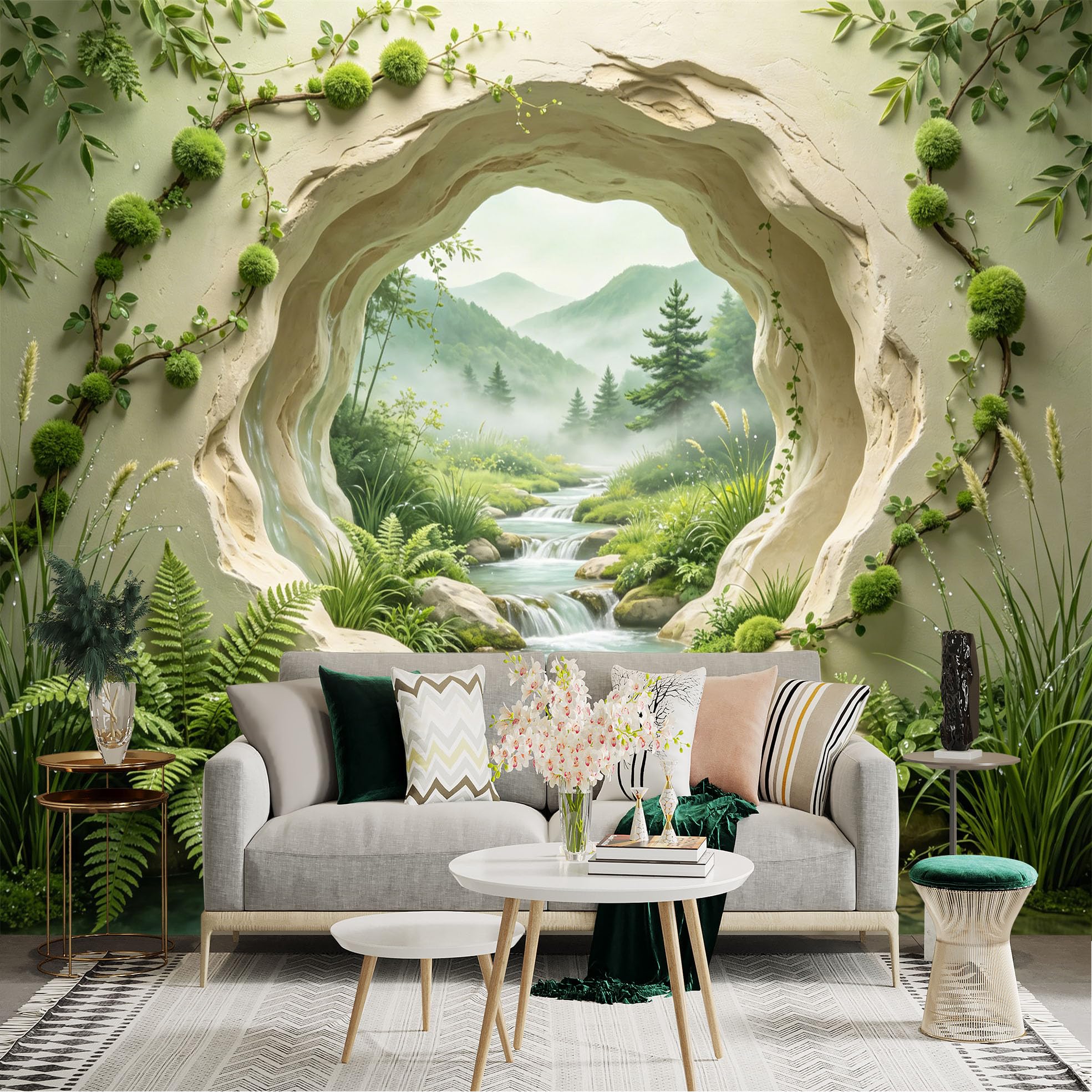 Custom Size Wall Sticker Mural， Natural Cave with Flowing Stream， Ferns and Misty Mountains， for wall Decoration， peelandstick wall Decals.