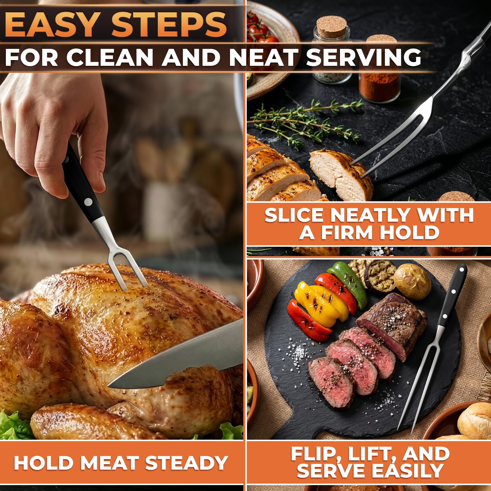 2 tenedores para trinchar carne, tenedor de carne de acero inoxidable con mango resistente al calor para asar, cocinar, servir, utensilios de tallado rectos y curvados fáciles de limpiar con diseño