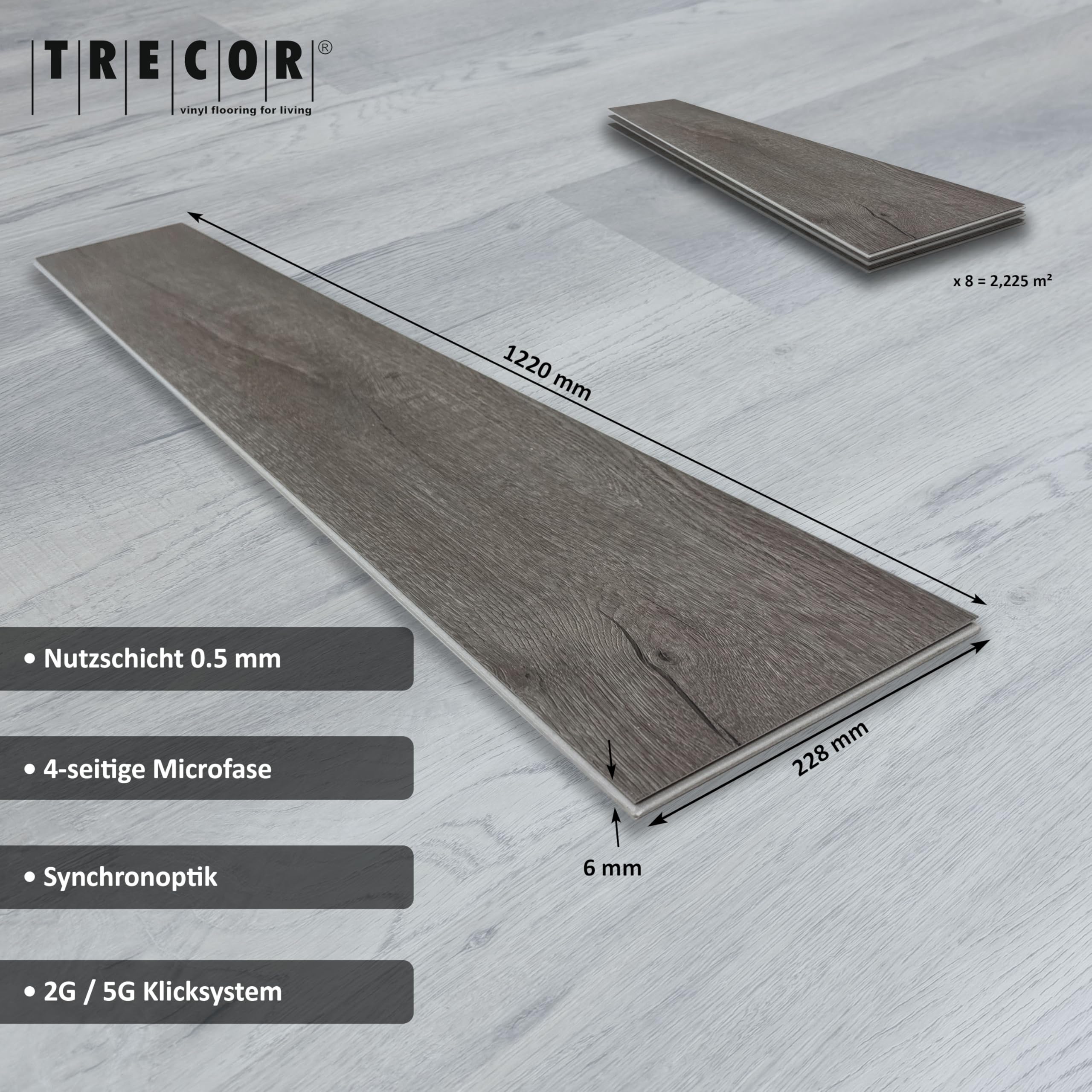 TRECOR Klick - Suelo de vinilo RIGID-SPC de diseño, tablón macizo de 5,0 mm de grosor, con capa de desgaste de 0,50 mm, resistente al agua, (roble Prestige gris, 1 m² | suelo de vinilo)