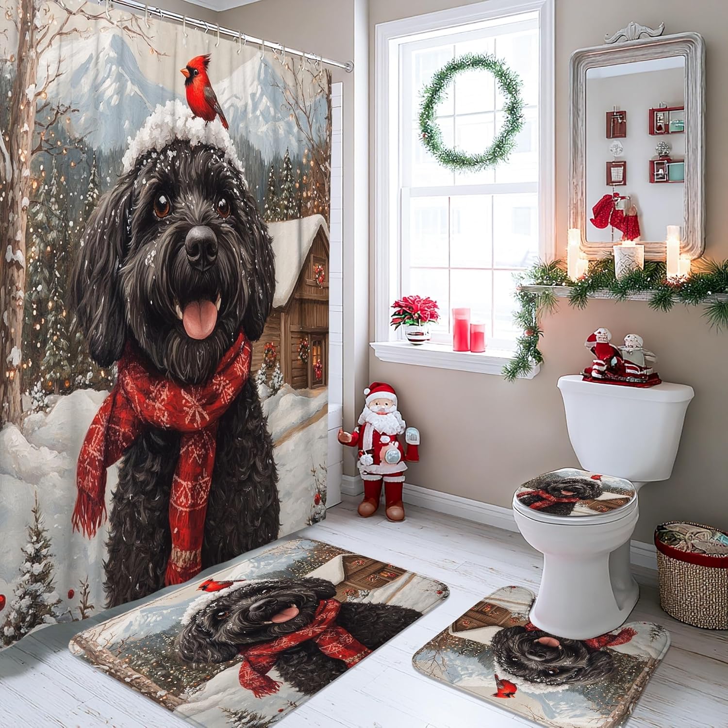 4PCS Christmas Portuguese Water Dog Bathroom Sets with Non-Slip Rug, U Shape Toilet Lid Cover Mat, Winter Farmhouse Xmas Puppy Bathroom Decoration 72''x72''