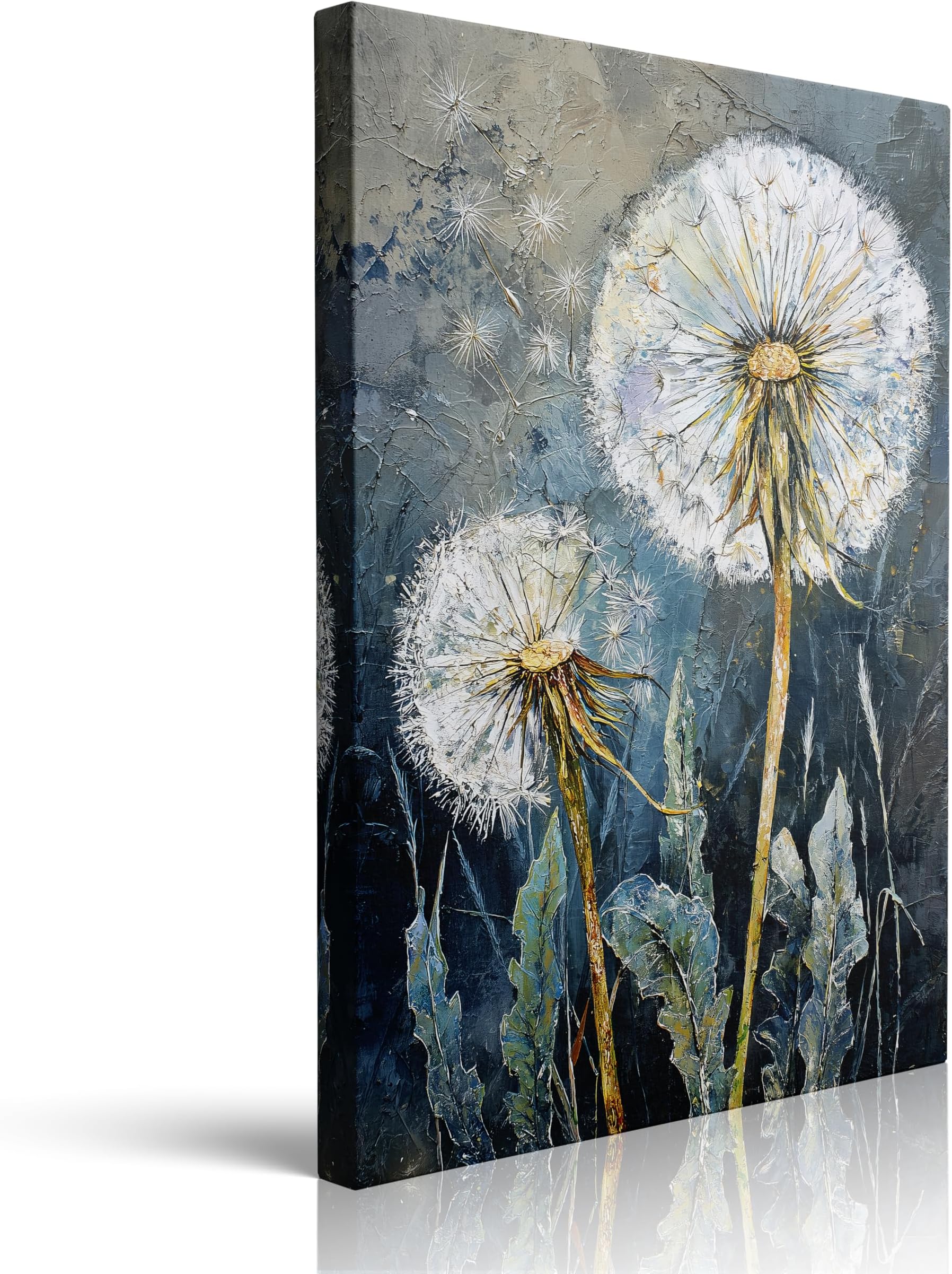 Dandelion Canvas Wall Art Framed Print, Wildflower Botanical Floral Painting, Serene Textured Blue Gray Rustic Farmhouse Decor for Living Room Bedroom Office, 12x16 Inches