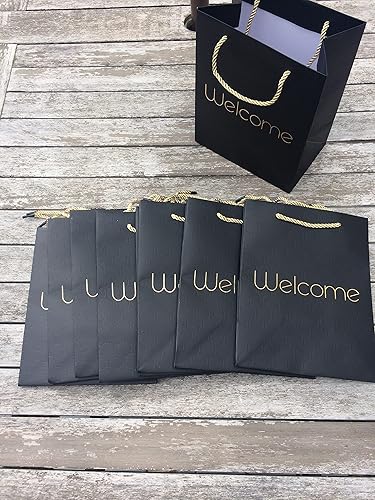 MODEENI - 100 bolsas de regalo de bienvenida de boda negras a granel con asas, papel dorado moderno, papel mediano, compras de lujo, 8 x 5 x 10