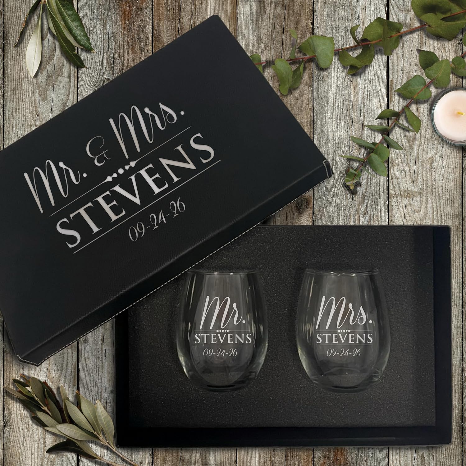 My Personal Memories Set of 2 Mr and Mrs Personalized Stemless Wine Glasses - Engraved Custom Monogrammed Glassware Gifts
